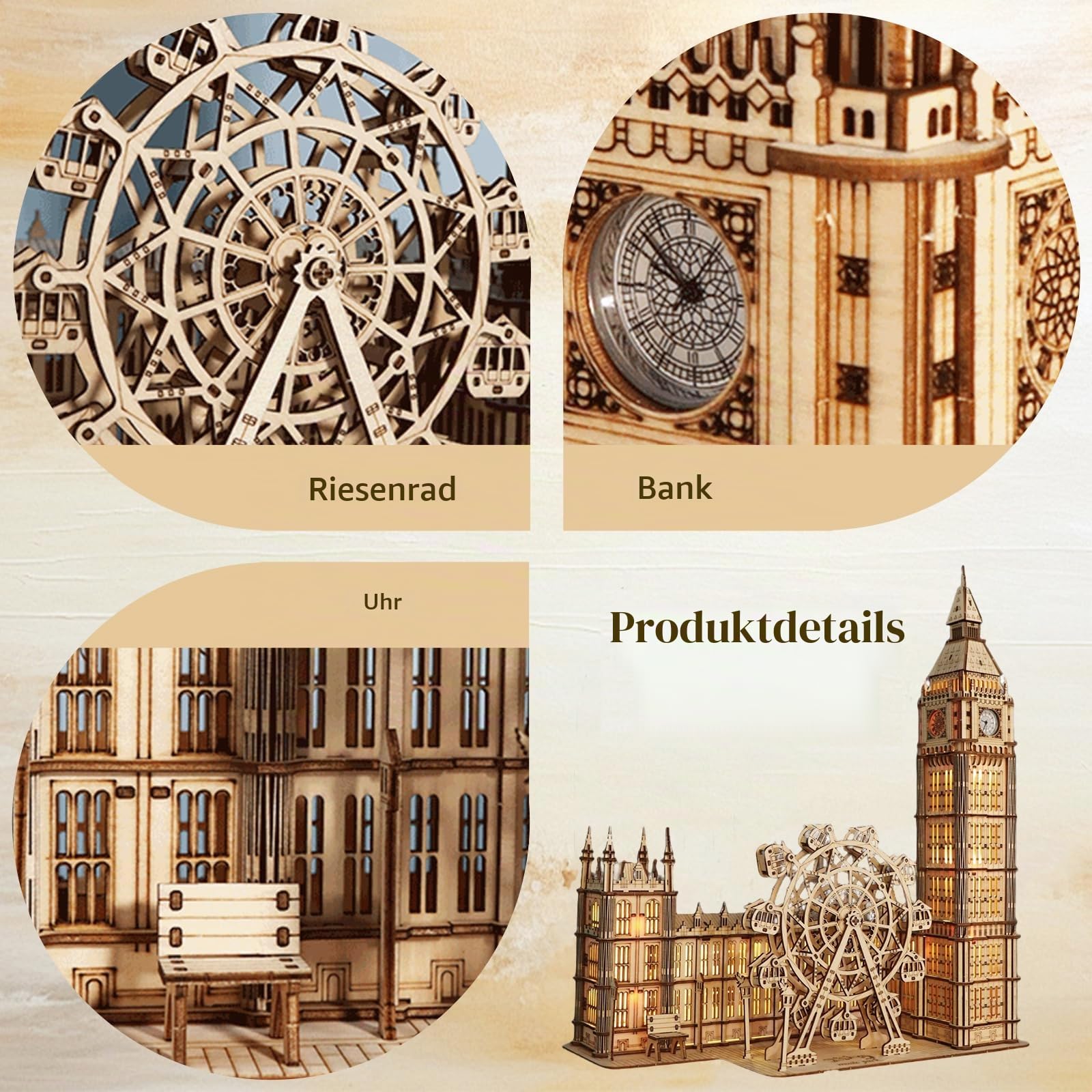 3D Holzpuzzle Big Ben mit Echter Uhr - 35cm London Modellbausatz für Erwachsene - DIY Bastelset ohne Kleber mit Beweglichem Riesenrad - Deko für Wohnzimmer & Büro - Geschenk für Männer & Frauen