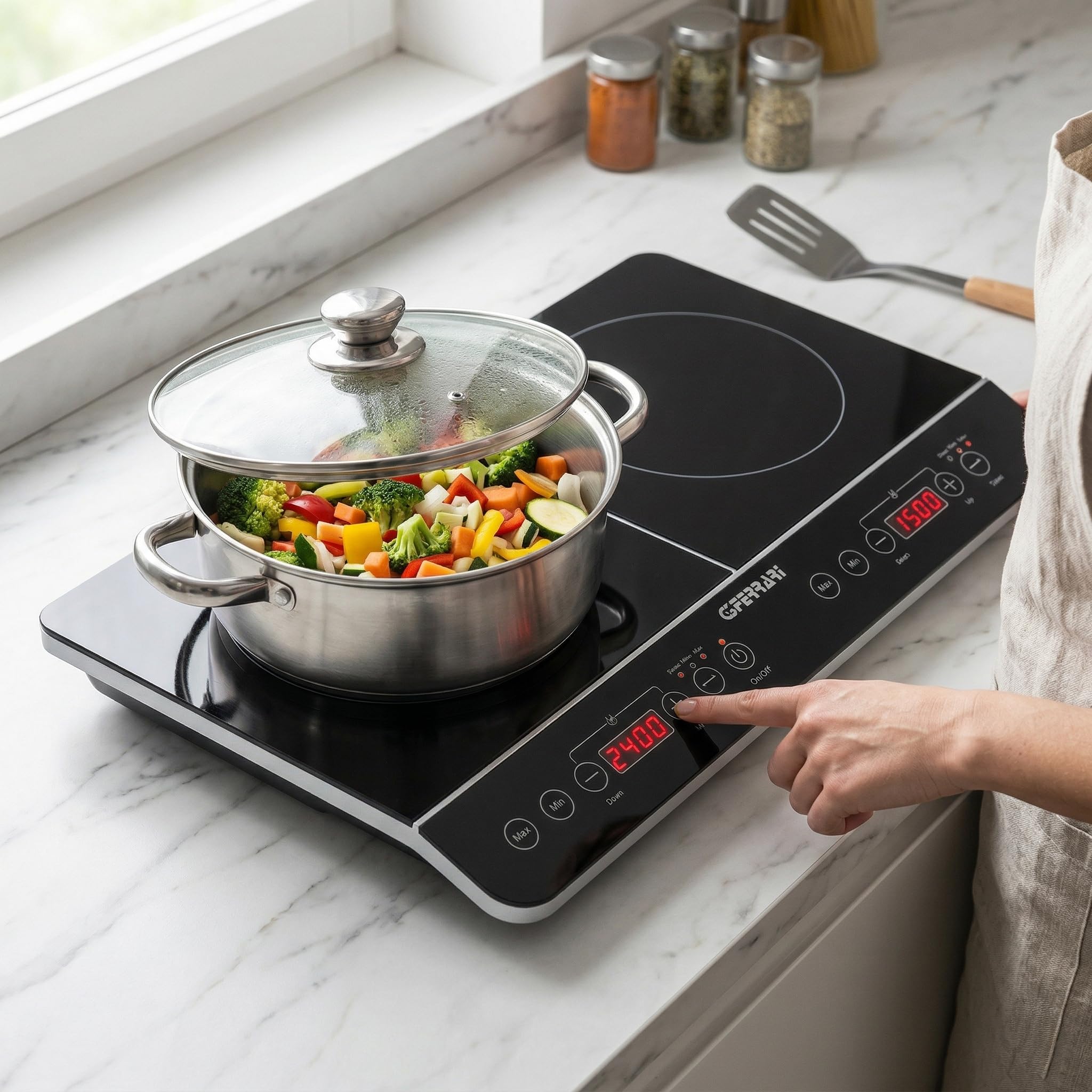 G3 Ferrari G10047 Piastra ad Induzione Doppia "Hi-Tech Chef", 3500W, Display digitale, Comandi Soft-Touch, Vetro Temperato, Grandi area di cottura, 60.3 x 36.3 x 6,5 cm, nero-grigio
