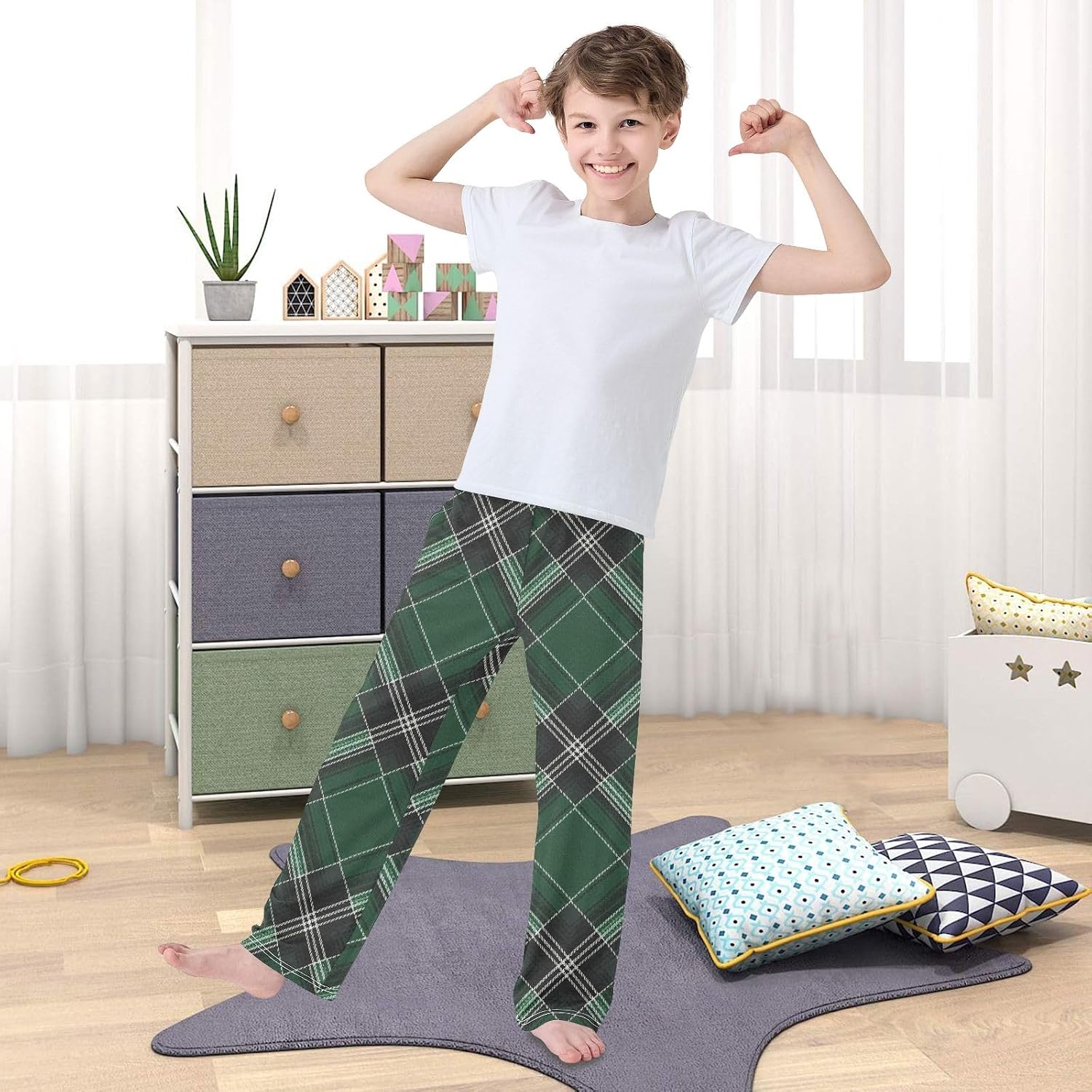 Classic Green Black Plaid Pajama Pants Soft Cozy Modal Lounge Sleepwear Elastic Waist with Pockets