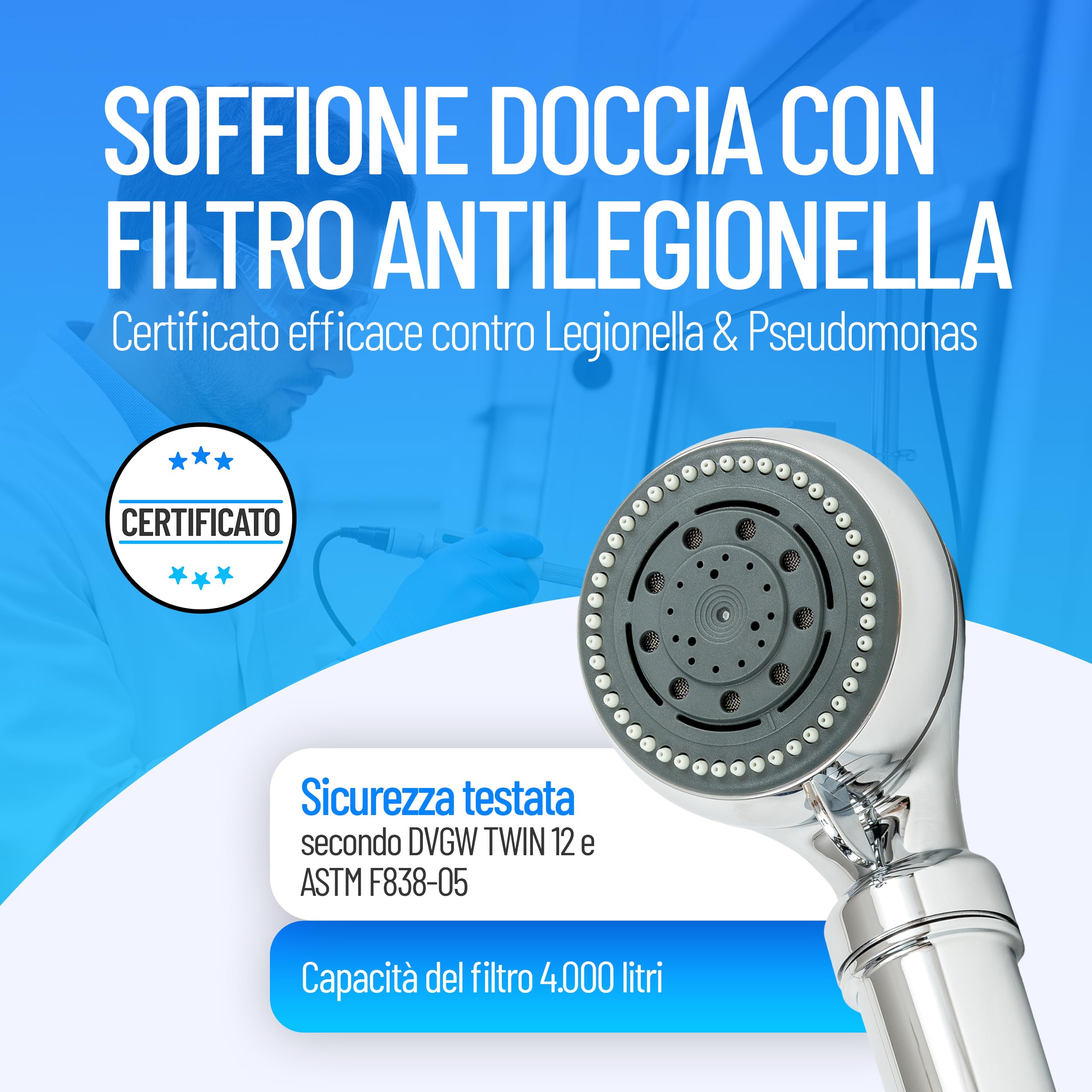 Soffione doccia con filtro antilegionella | Certificazione di protezione immediata contro la legionella | Tecnologia medica | Discreto e sicuro