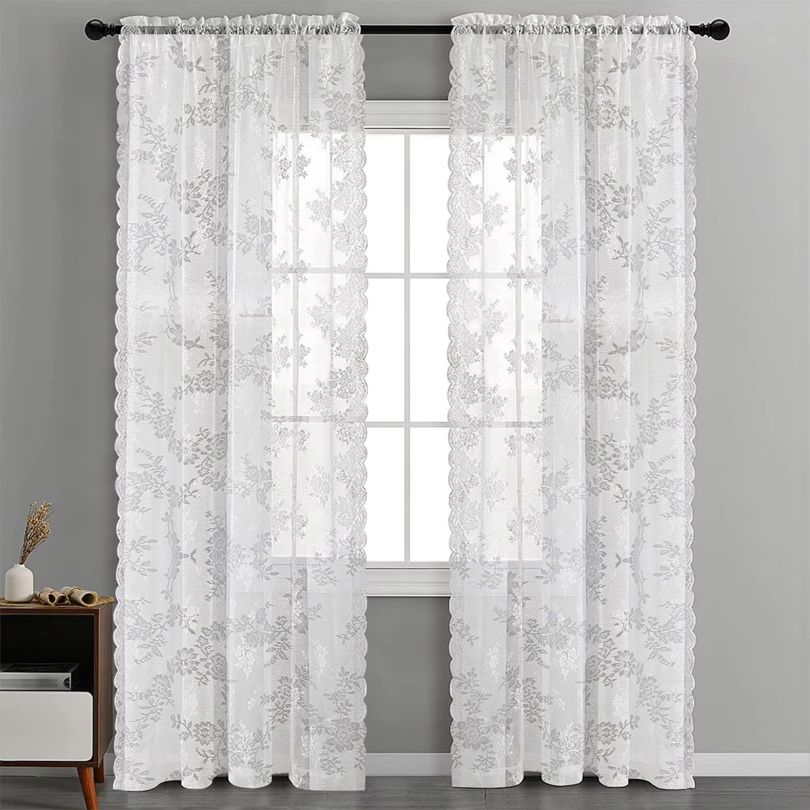 2 Pieces White Embroidered Lace Curtains, (H) 200 cm x (W) 150 cm Translucent Lace Curtains with Wavy Edge for Living Room, Bedroom, Dining Room, Wedding, Party Decoration