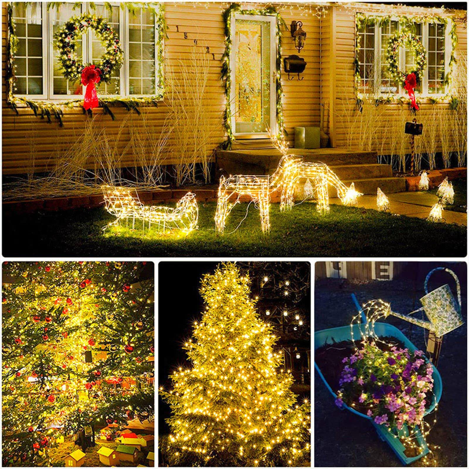 Solar-Lichterkette für Weihnachten, Warmweiß, für den Außenbereich, wasserdicht, 100 LEDs (2er-Pack), 8 Modi, Kupfer-Lichterkette für Valentinstag, Garten, Terrasse, Zaun, Outdoor (warmweiß, 2 Stück)