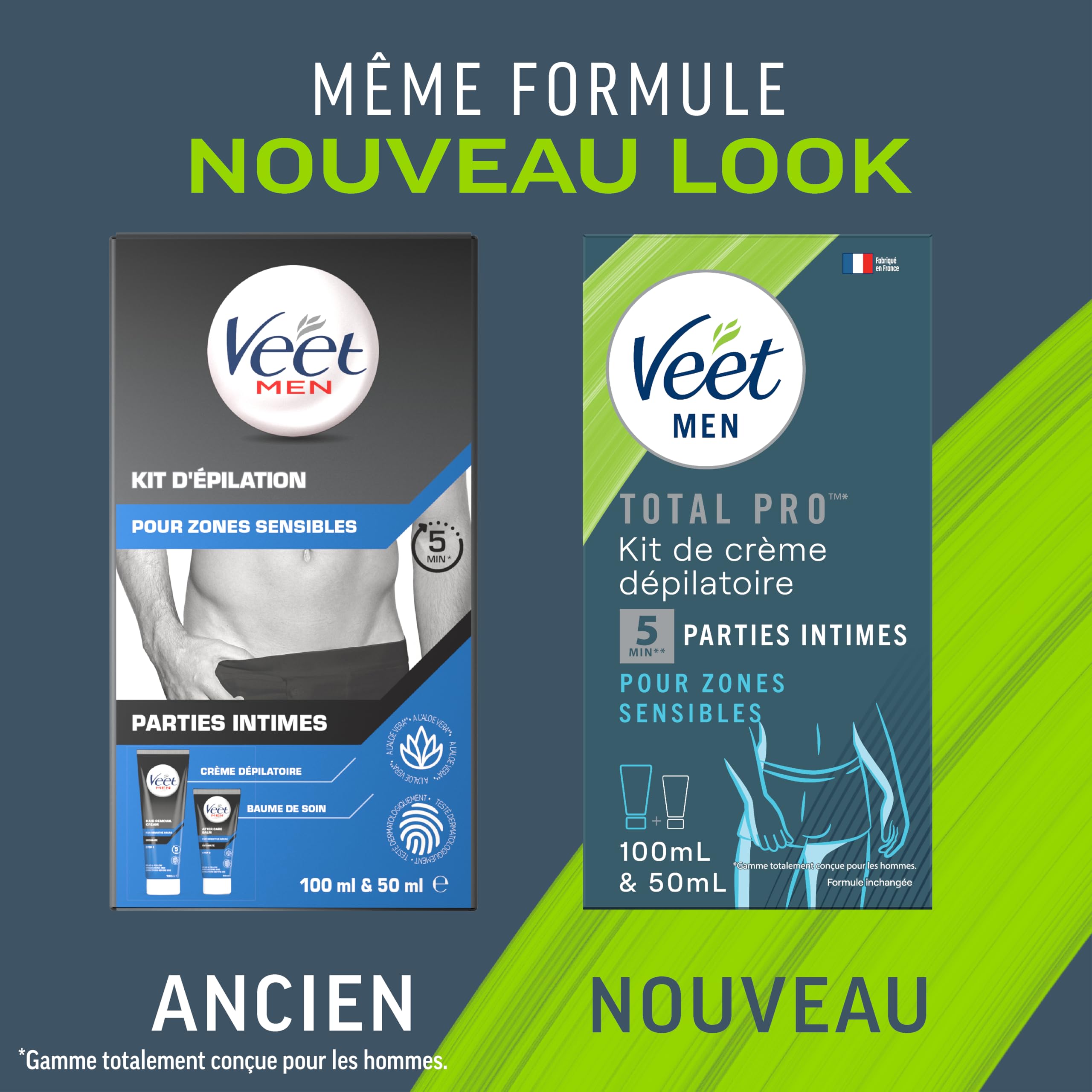 VEET FOR MEN - Lot de 3 Kit d’Épilation Parties Intimes - 3 Crèmes Dépilatoires 100ml et 3 Baumes de Soin 50ml - Zones Sensibles