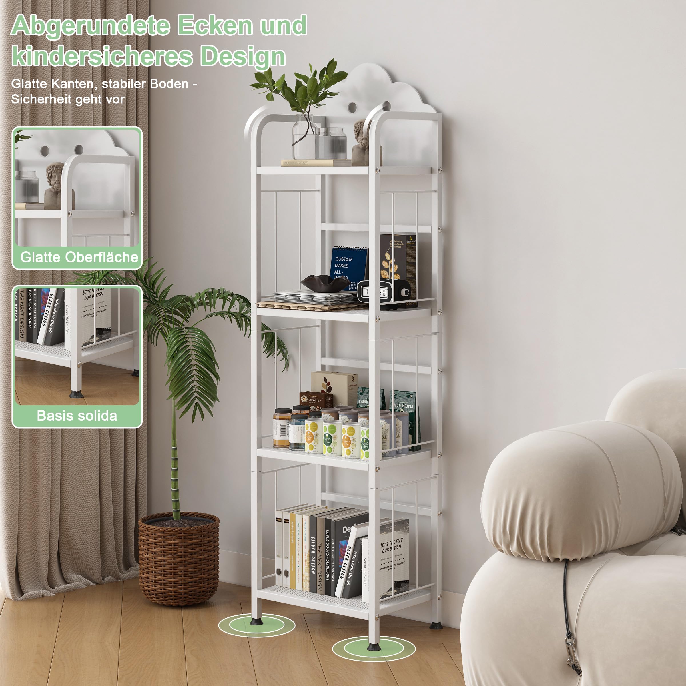 Cute Metal Kinderregal, 4 Etagen Bücherregal Aufbewahrungsregal für Kinder, Standregal mit Magnetische Buchstützen, Büro Arbeitszimmer, Kinderzimmer (Weiß)