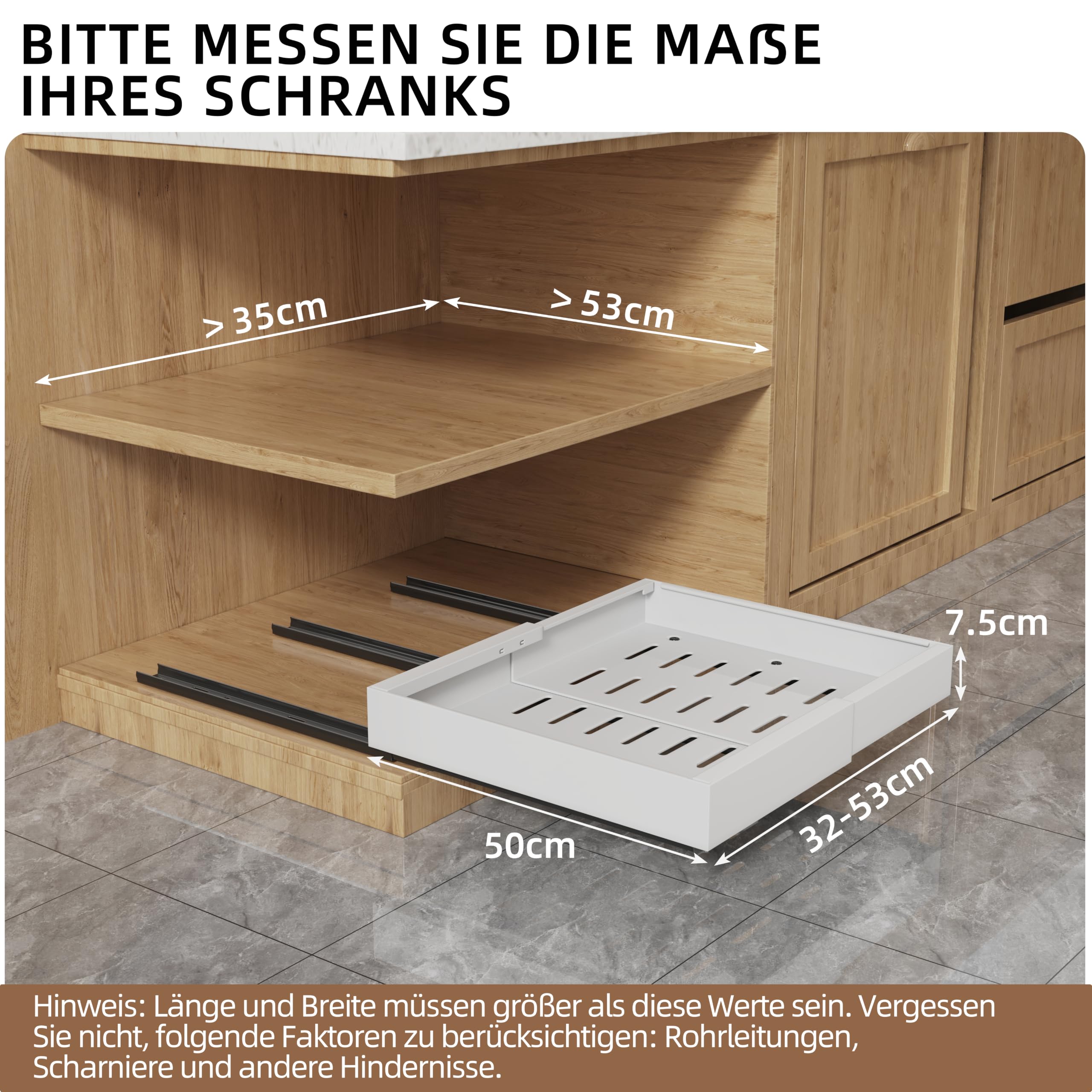 NETEL 2 Stück Teleskopschublade Ohne Bohren,ausziehbare schublade küche | schubladen organizer küche，küchenschrank organizer，telescopic drawer，Kleben oder Schrauben，32-52cm Breite, 50cm Tiefe，Weiß