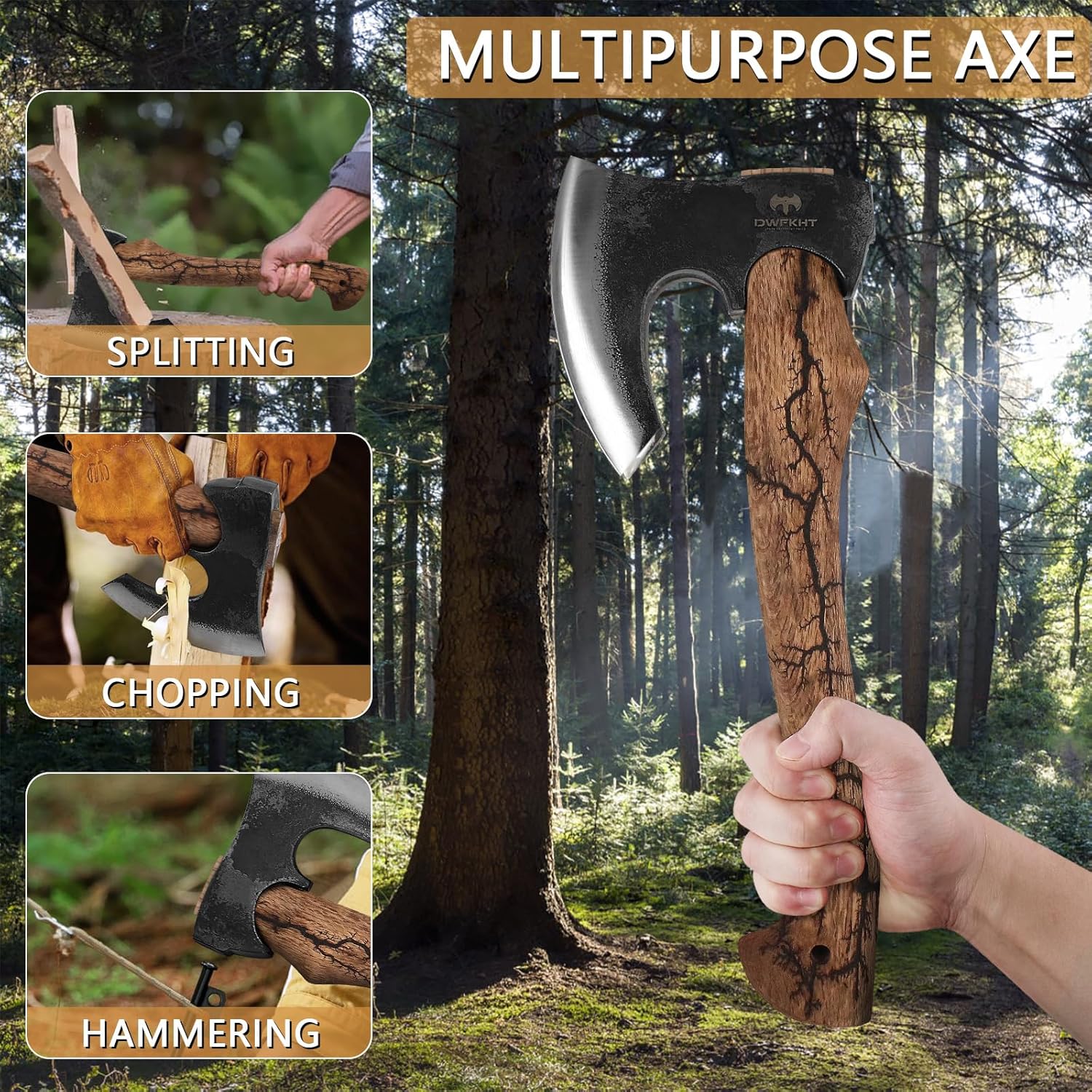 Hatchet, 15.7" Bearded Axe with Lichtenberg Pattern Handle, Hatchet Axe with Leather Sheath and Axe Sharpener, Bushcraft Axe for Outdoor Survival and Gardening