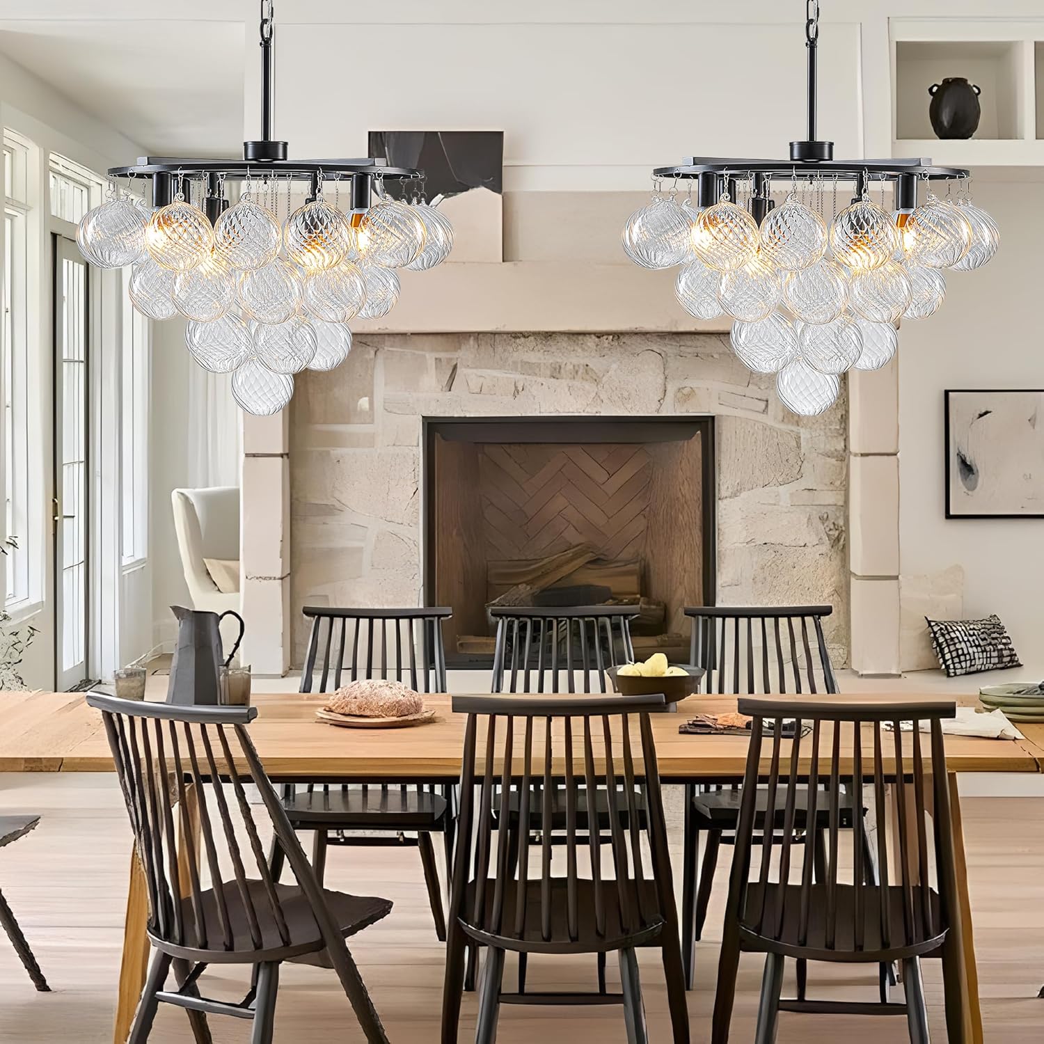 Longree Bubble Chandelier Pendant Light for Kitchen Island Matte Black 4-Tier 8-Light Swirled Ball Chandeliers Clear Ribbed Blown Glass Globe Lighting Fixture for Dining Room
