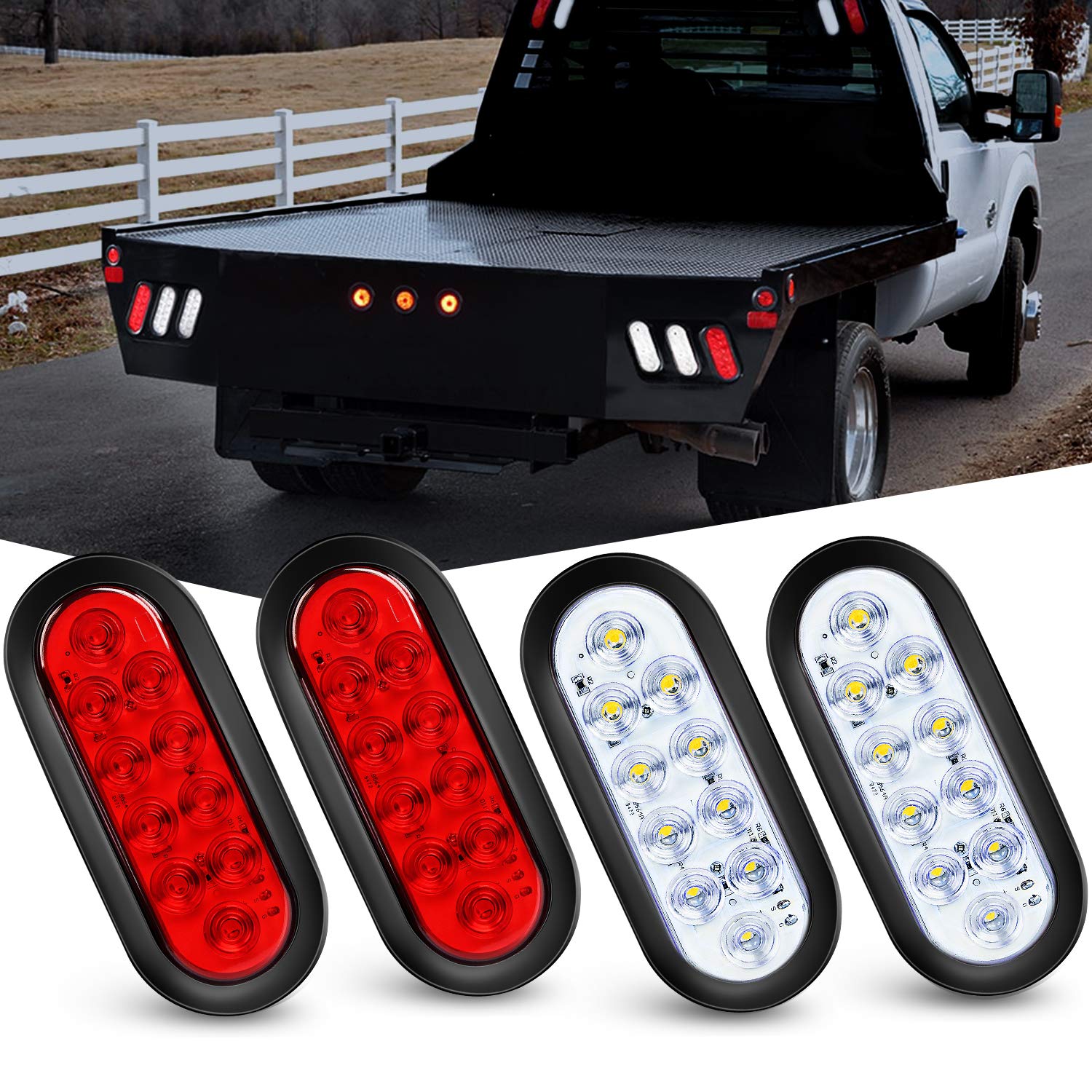 Nilight4PCS 6" Oval LED Trailer Tail Lights 4PCS 10 LED w/Flush Mount Grommets Plugs Reverse/Back Up Trailer Lights for RV Truck Jeep