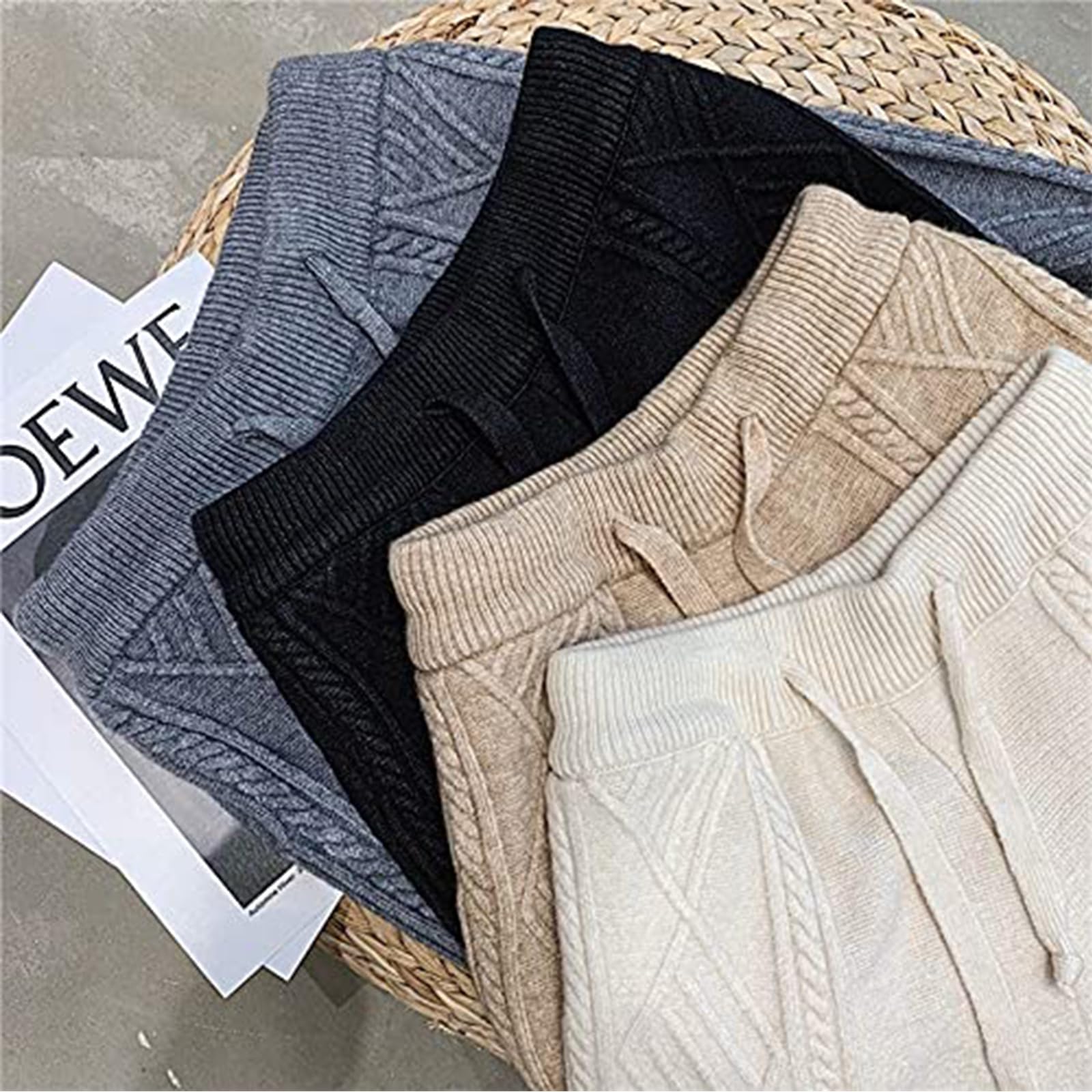 Pantaloni Larghi Da Donna - Pantaloni Harem Ispessiti Da Donna Invernali Coulisse Retrò Coulisse Casual Pantaloni In Maglia Ritorta Pantaloni Caldi Maglione Pantaloni Gamba Dritta Sottile Semplice