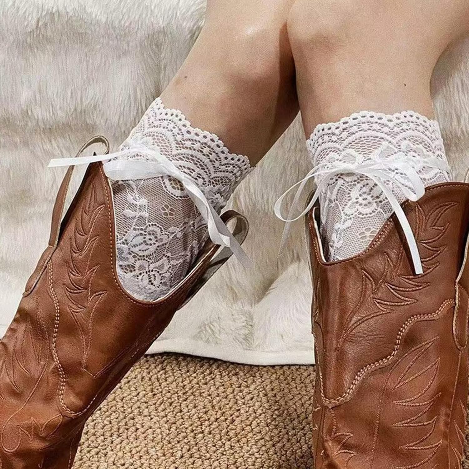 White Knee High Socks, Lace Ruffle Cute Sock Lolita Stockings Kawaii Lace Top Thin Socks for Girl Women - Image 2