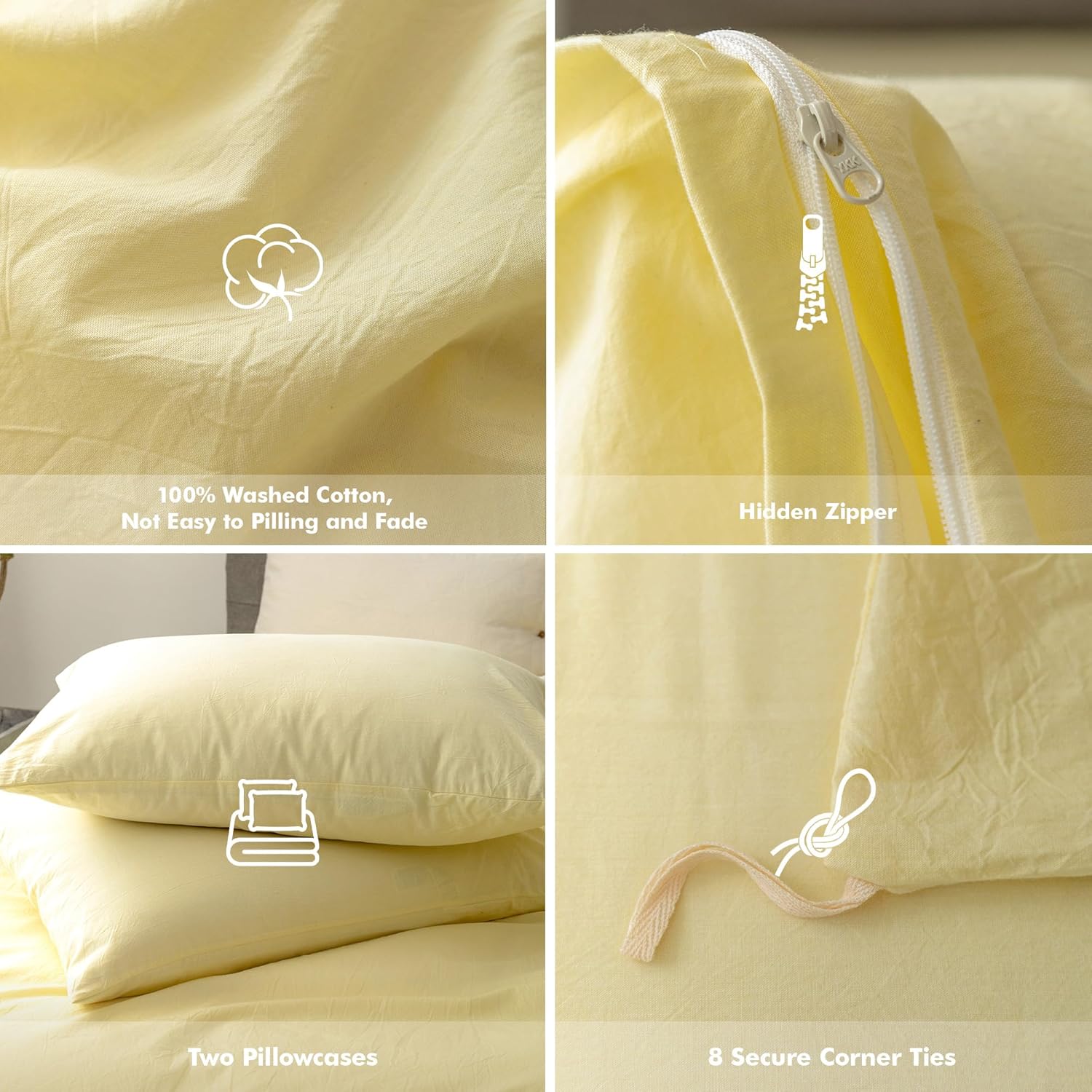 FOSSA Duvet Cover Set 100% Washed Cotton Linen Feel Super Soft Breathable Cozy 3 Pieces Bedding Sets Solid Pastel Yellow King - Image 6