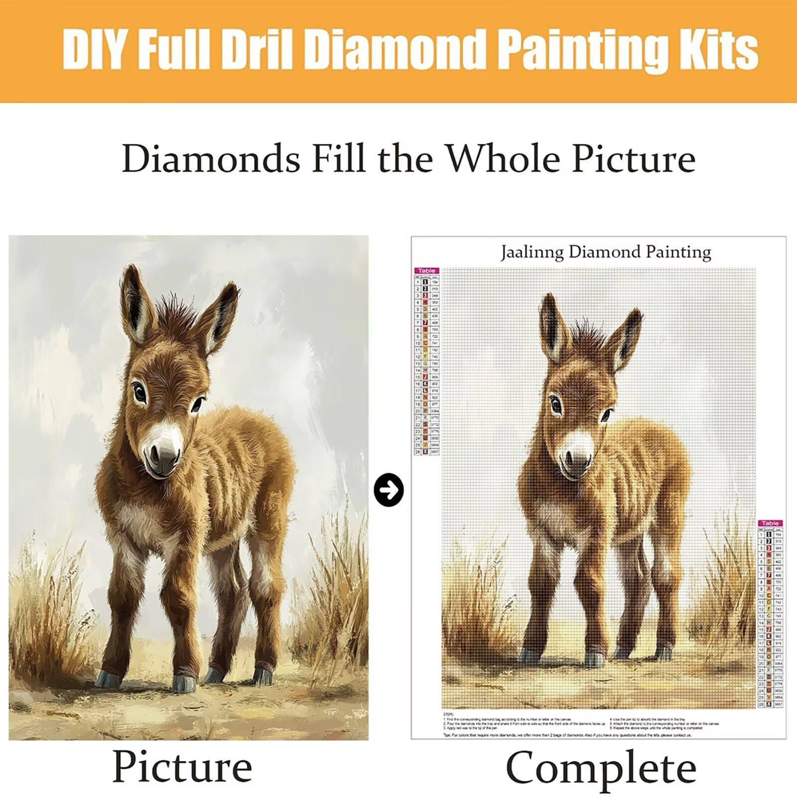 Diamond Painting Kit Completo, Diamond Painting Asino, 5D Quadrato Pittura Diamante Kit Manualidades Adultos DIY Diamantini Crystal Art Disegni Ricamo Punto Croce Artigianale, 80x100cm Animale j0-858