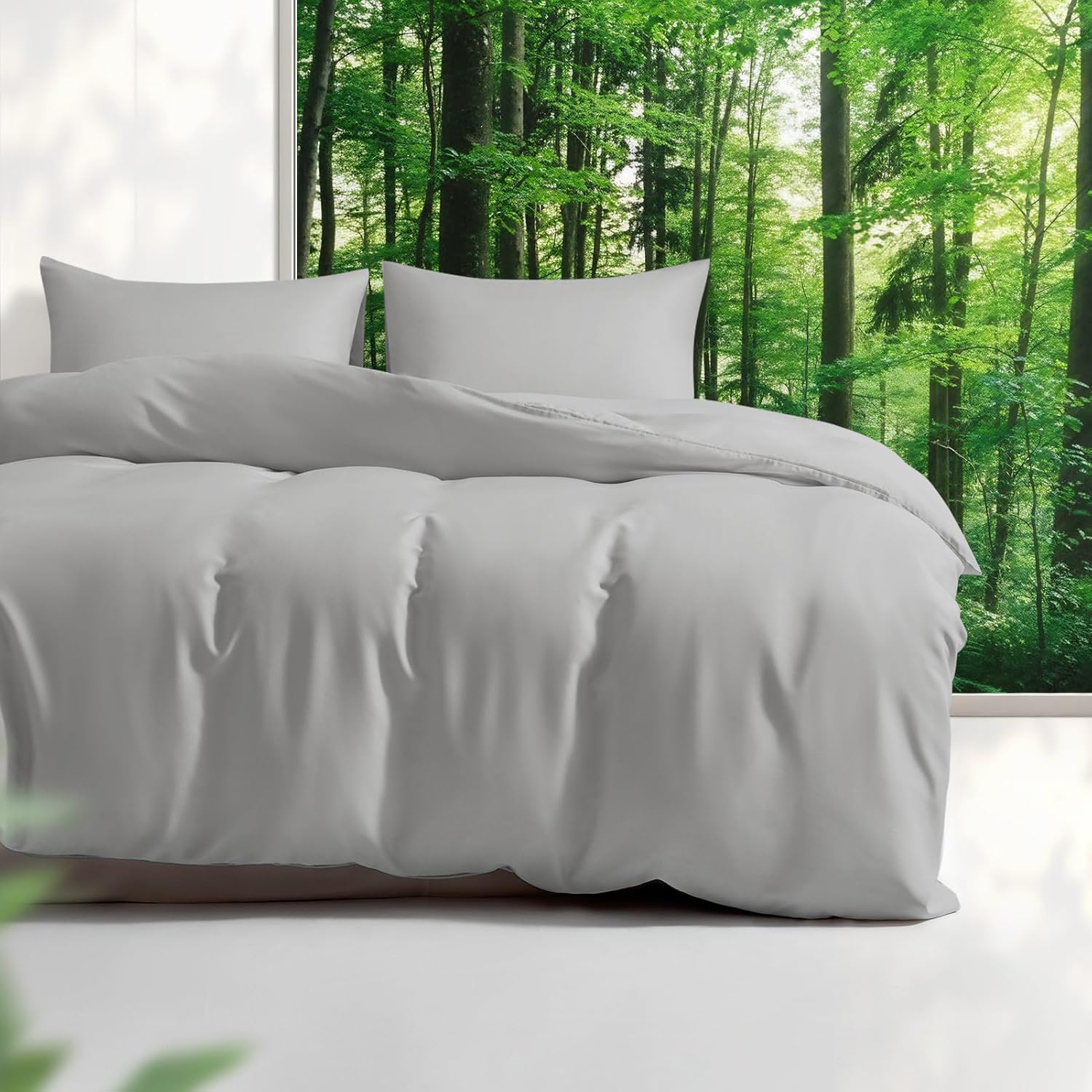 Tencel Duvet Cover Set, Full/Queen Size Cooling Duvet Cover for Hot Sleepers, 100% Eucalyptus Lyocell, 3 Pieces, 1 Zipper Closure Duvet Cover (90" x 90") and 2 Pillowcases (20" x 30") - Light Grey