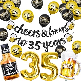 35th Birthday Decorations, 35 Years Anniversary Decorations for Men Women, Cheers to 35 Years Banner, 32 Inch Number 35 Gold Foil Balloon, 35 Sign Latex Balloon, Cheers Cup Foil Balloon for Wedding Anniversary Party Supplies