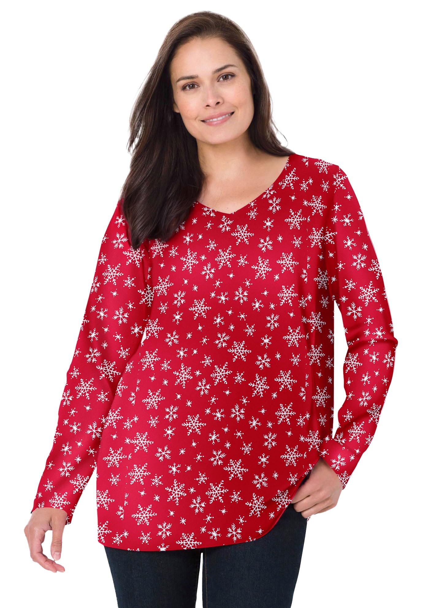 Woman Within Plus Size Perfect Printed Long-Sleeve V-Neck Tee