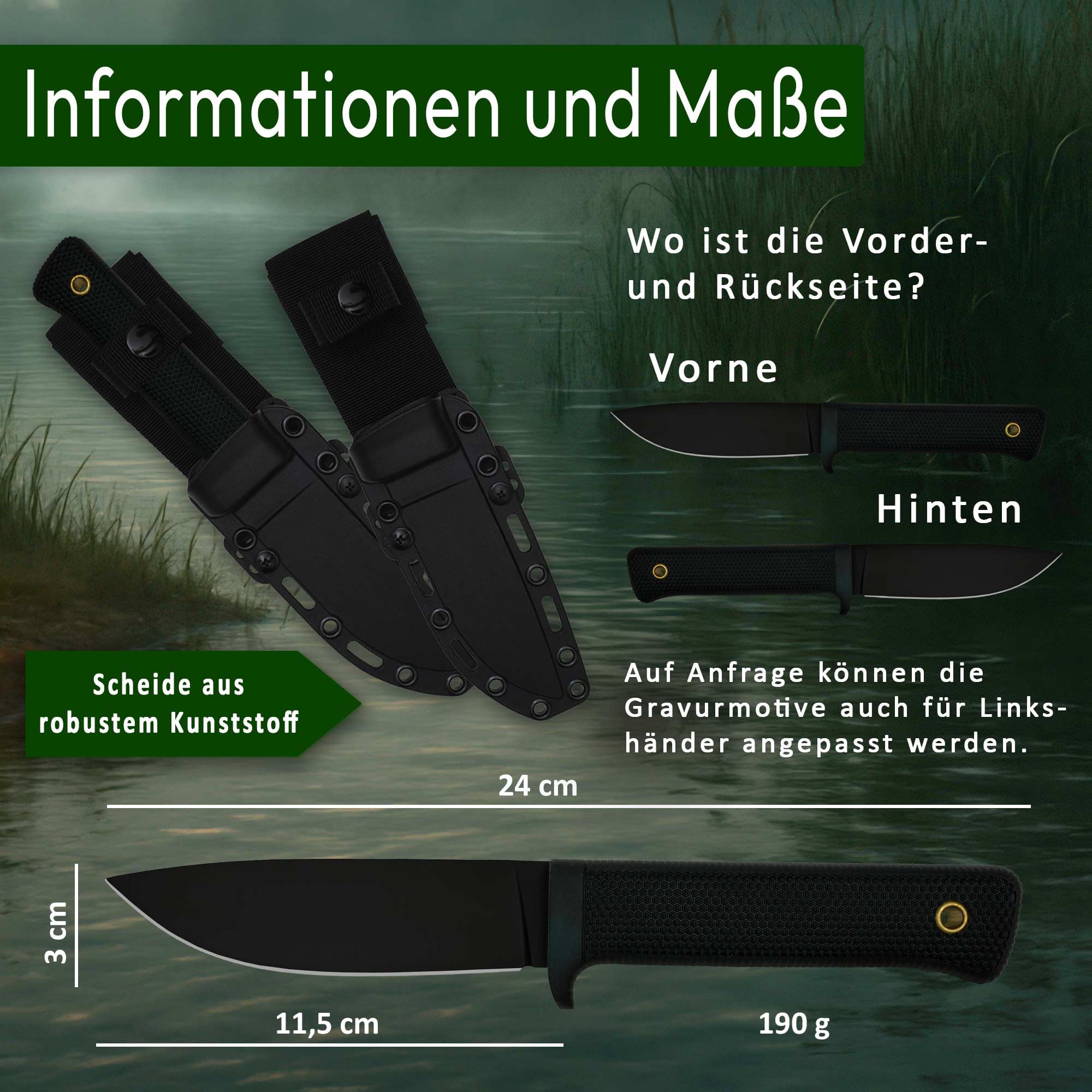 ADAM WILD Angelmesser mit Gravur | schwarze Klinge | Geschenke für Angler | Personalisiertes Anglermesser, Name & Motiv graviert | robuste Edelstahlklinge & gummierter Griff | inkl. Messerscheide