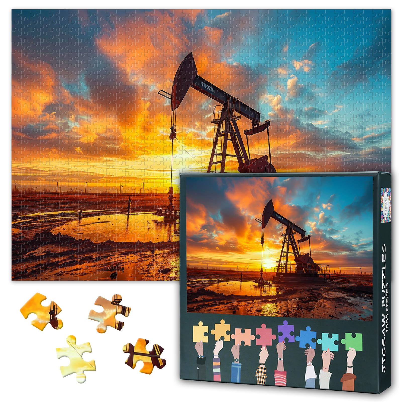 Jigsaw Puzzle 1000 Piece Set for Adults Crude Oil Drilling Machine Silhouette at Sunset Industrial Equipment Petroleum Pump Wall Art 27.5x19.7 Inch