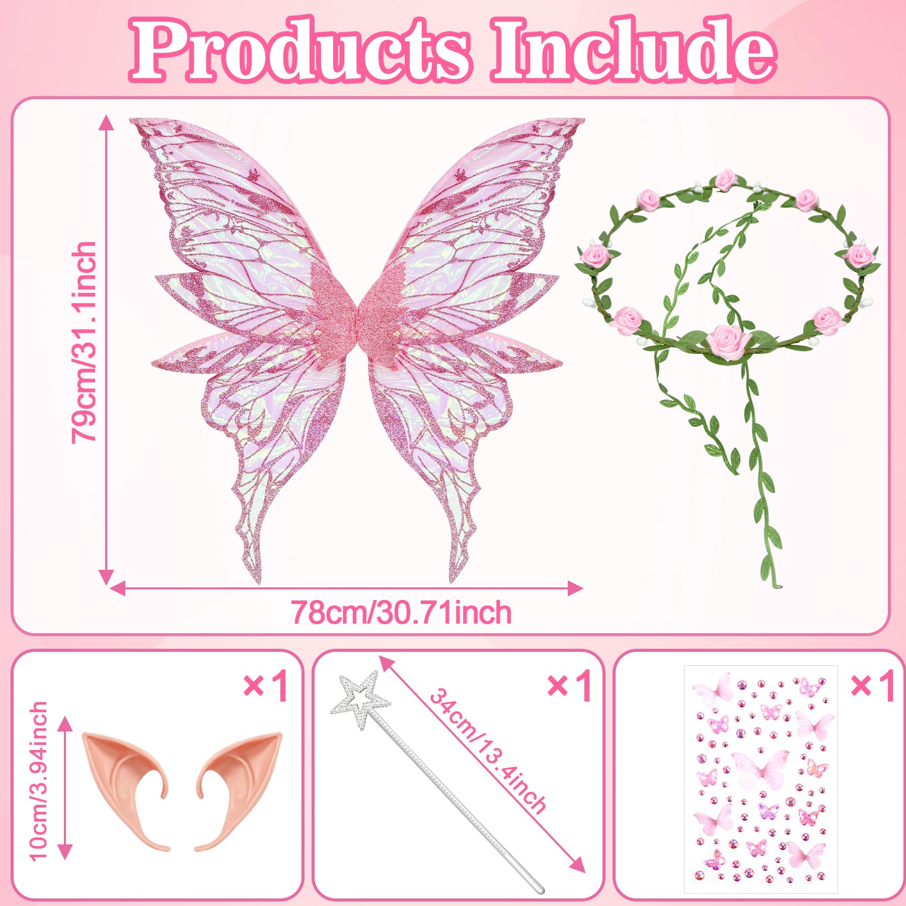 YeahBoom Children's fairy wings, butterfly wings with elf ears, fairy headband and star fairy wands, butterfly wings, princess wings, wing costume for carnivals or parties - Image 2