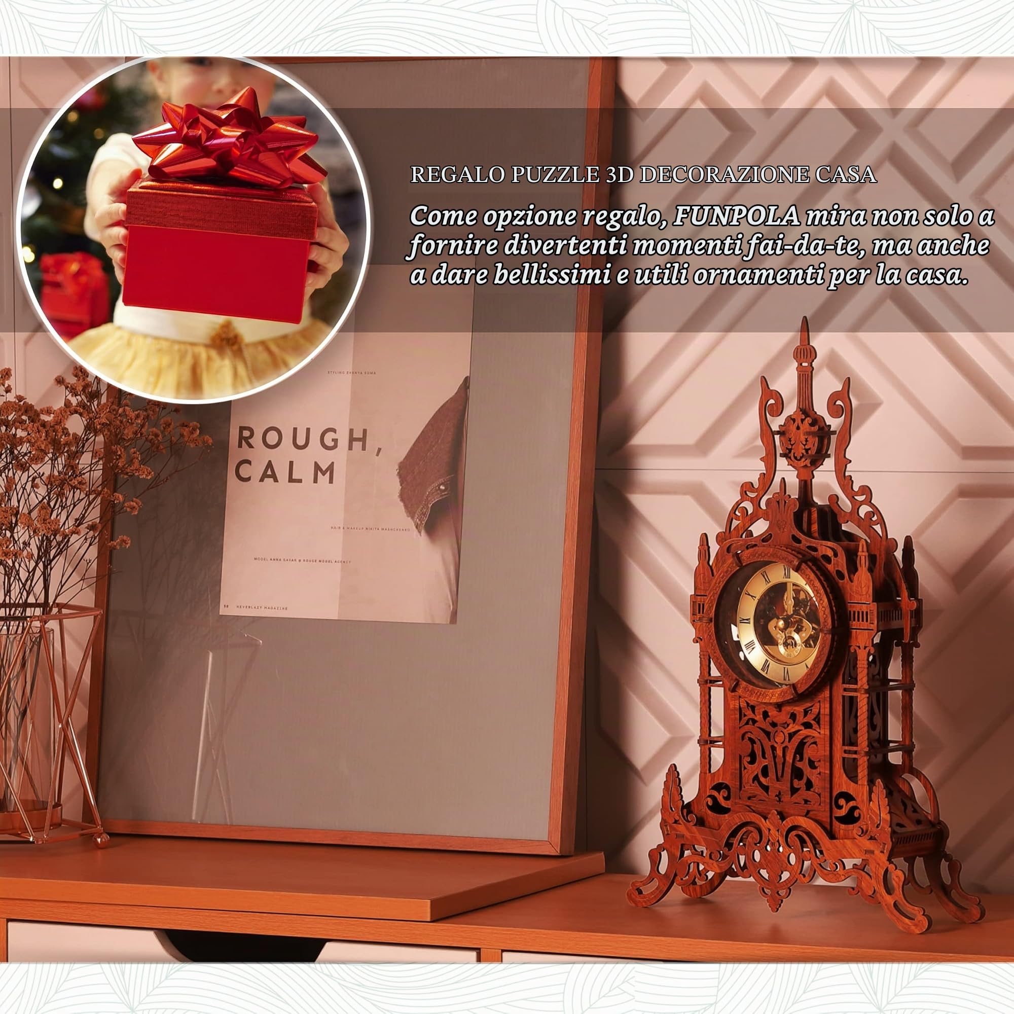 FUNPOLA LED 3D Puzzle in Legno Torre dell'Orologio, Puzzle 3D Modellismo da Costruire Adulti,Puzzle 3D per la Casa Puzzle DIY 3D Kit Orologio (LED-WTC02)
