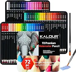 KALOUR Lápis de aquarela profissional com 2 pincéis - 72 cores - lindos efeitos de mistura com água ou seco - Ideal para livros de colorir - Lápis solúveis em água para crianças e adultos iniciantes