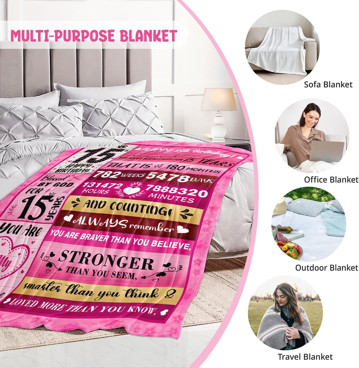 15 Year Old Girl Gifts - 15th Birthday Gifts for Teen Girls - 15th Birthday Decorations for Girls - Fifteen YR Bday Gift for Girl Daughter Granddaughter Niece Sister Ideas Blanket 50"x60" - Image 5