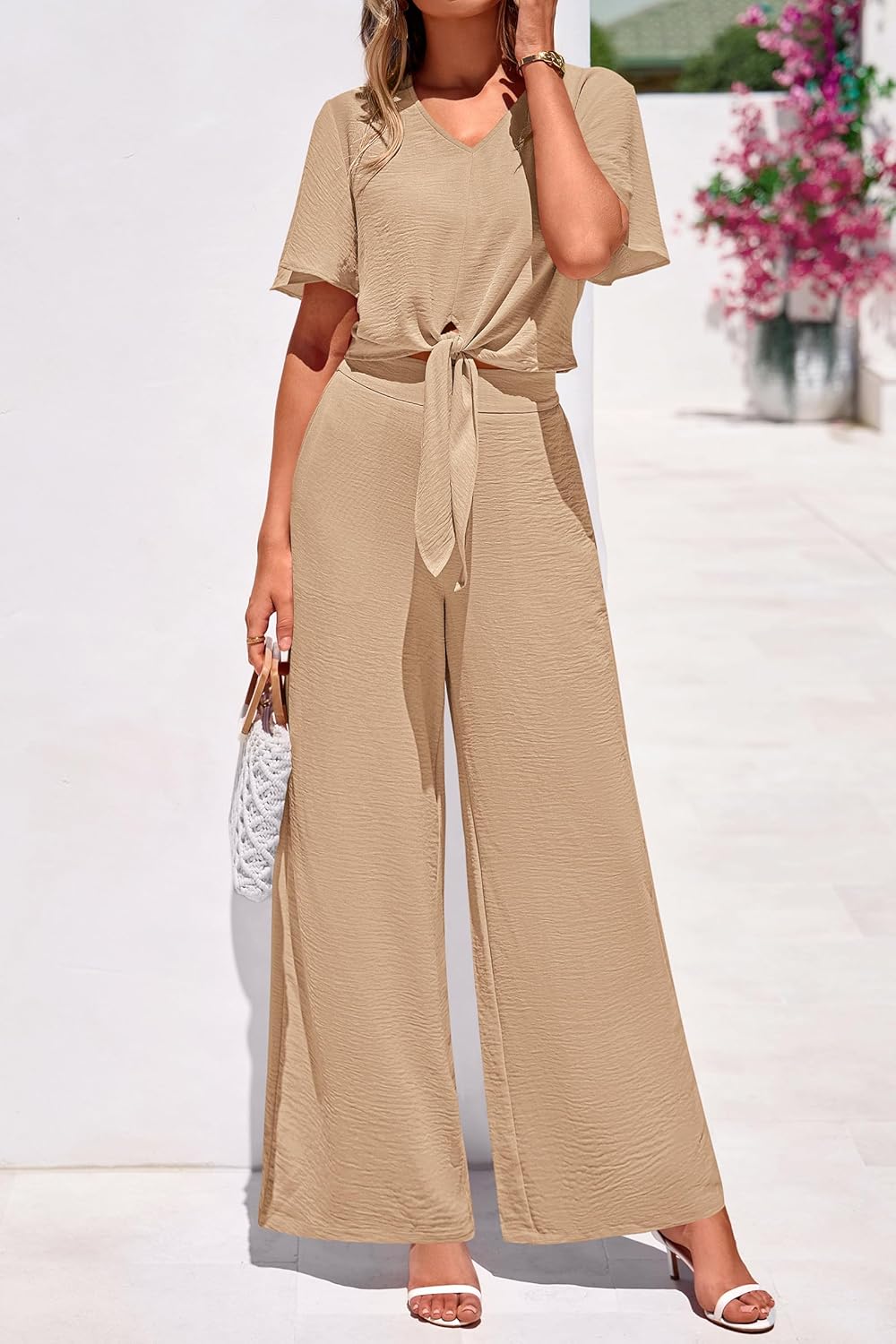 PRETTYGARDEN Women 2 Piece Summer Outfits Short Sleeve Strappy Top Wide Leg Pants Tracksuit Lounge Sets Beach Clothes - Image 7