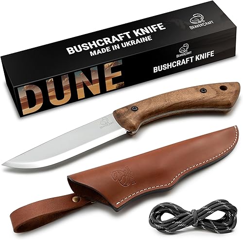 BeaverCraft Bushcraft Cuchillo de hoja fija con funda de cuero, cuchillo de camping, cuchillo de espiga completa, cuchillos de acero al carbono,