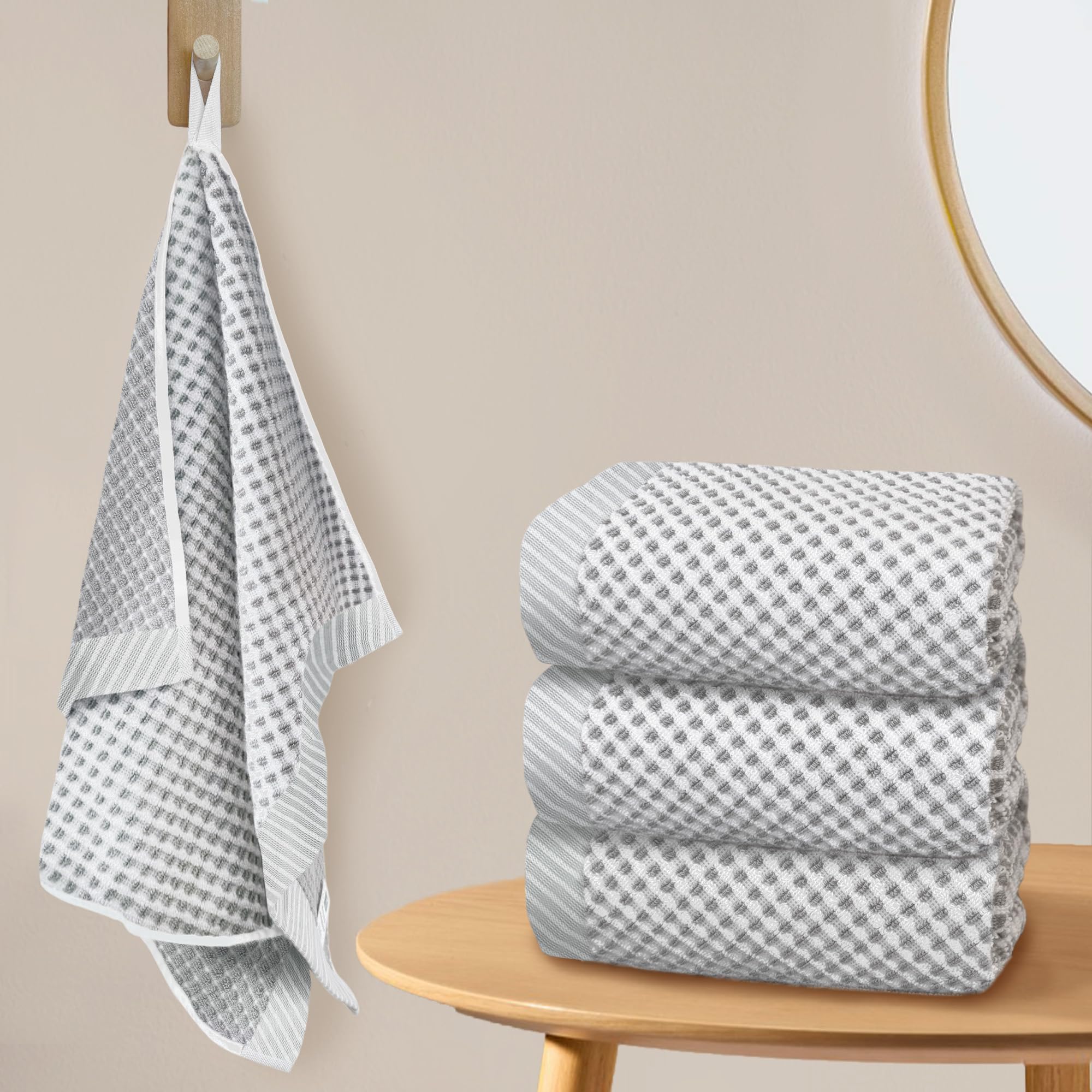VOOVA & MOVAS 100% Cotton Waffle Large Hand Towels - Luxurious & Soft with Hanging Loop - White & Gray | Absorbent, Quic