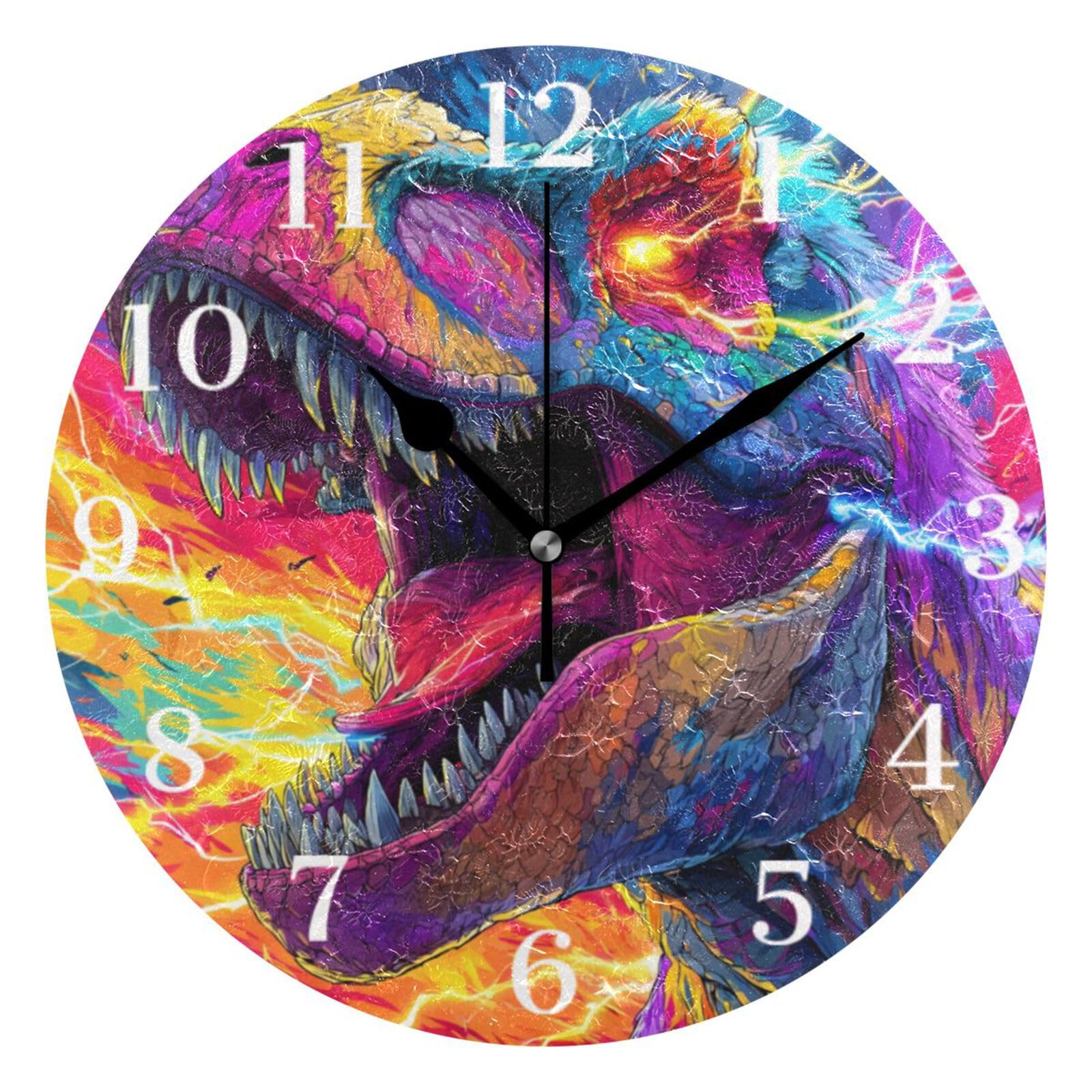 Ensound Colorful Lightning Dinosaur Wall Clock Silent Non-Ticking Battery Operated Clocks 12 Inch for Kitchen Home Living Room