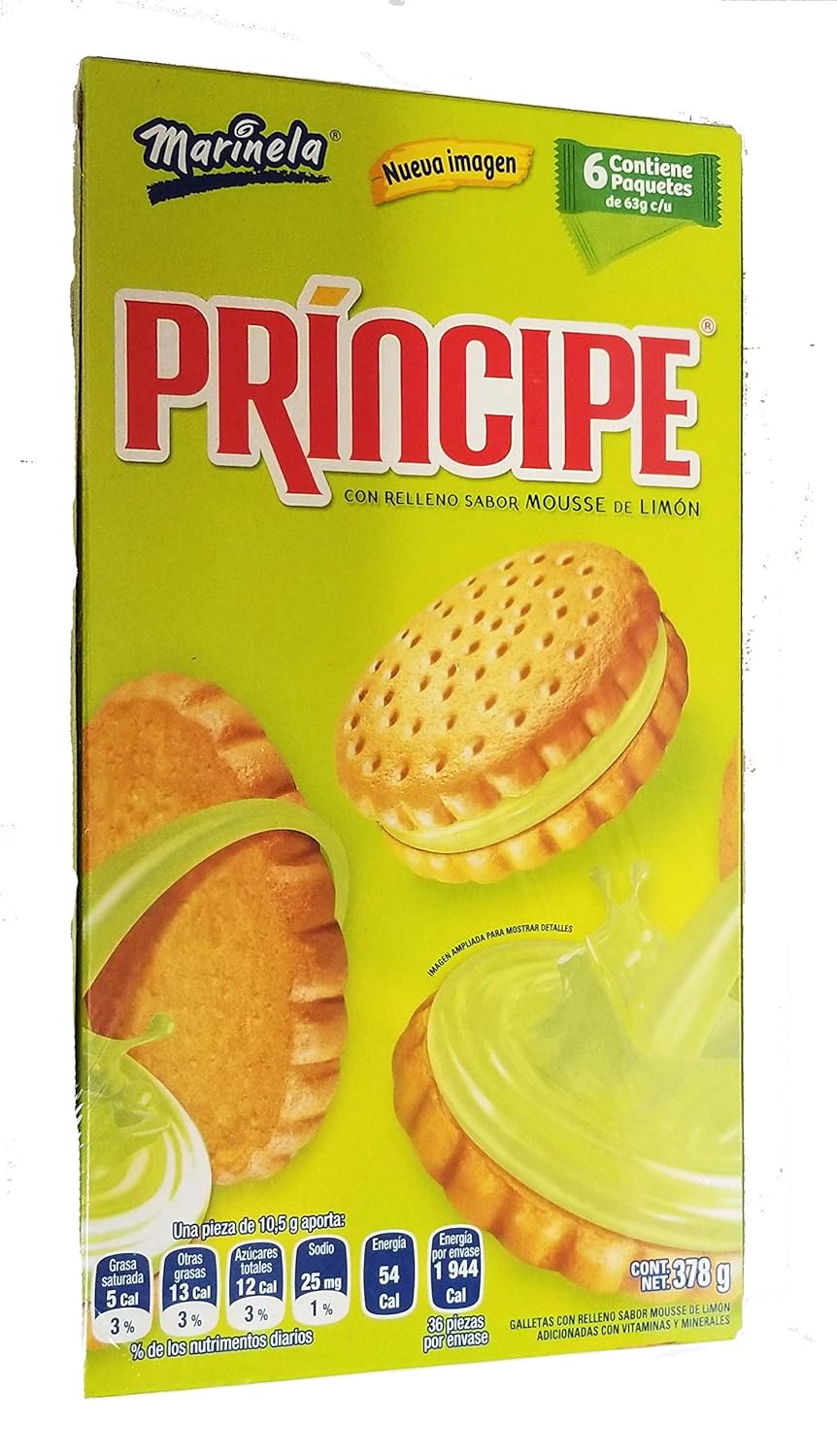 Marinela Principe Sandwich Cookies. Delicious Crispy Outer and a Smooth Lemon Center.1 box (6 packages). 378 Grams.