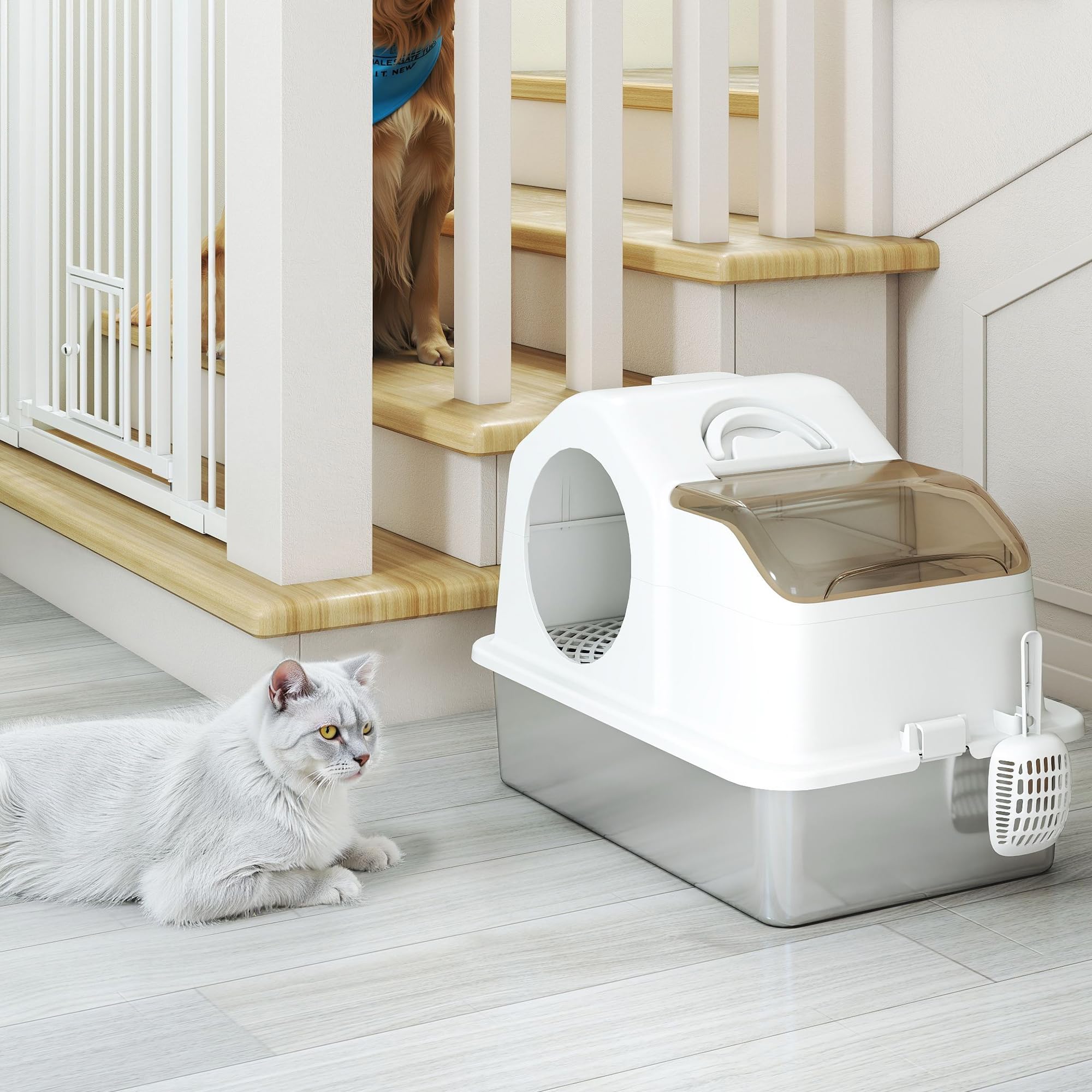 PawHut Lettiera Gatto Chiusa XL in Acciaio Inox 60.5x40.5x45cm Bianco | Con Coperchio, Toilette per Gatti 36L con Pareti Alte, Paletta, Tappetino Raccogli-sabbia