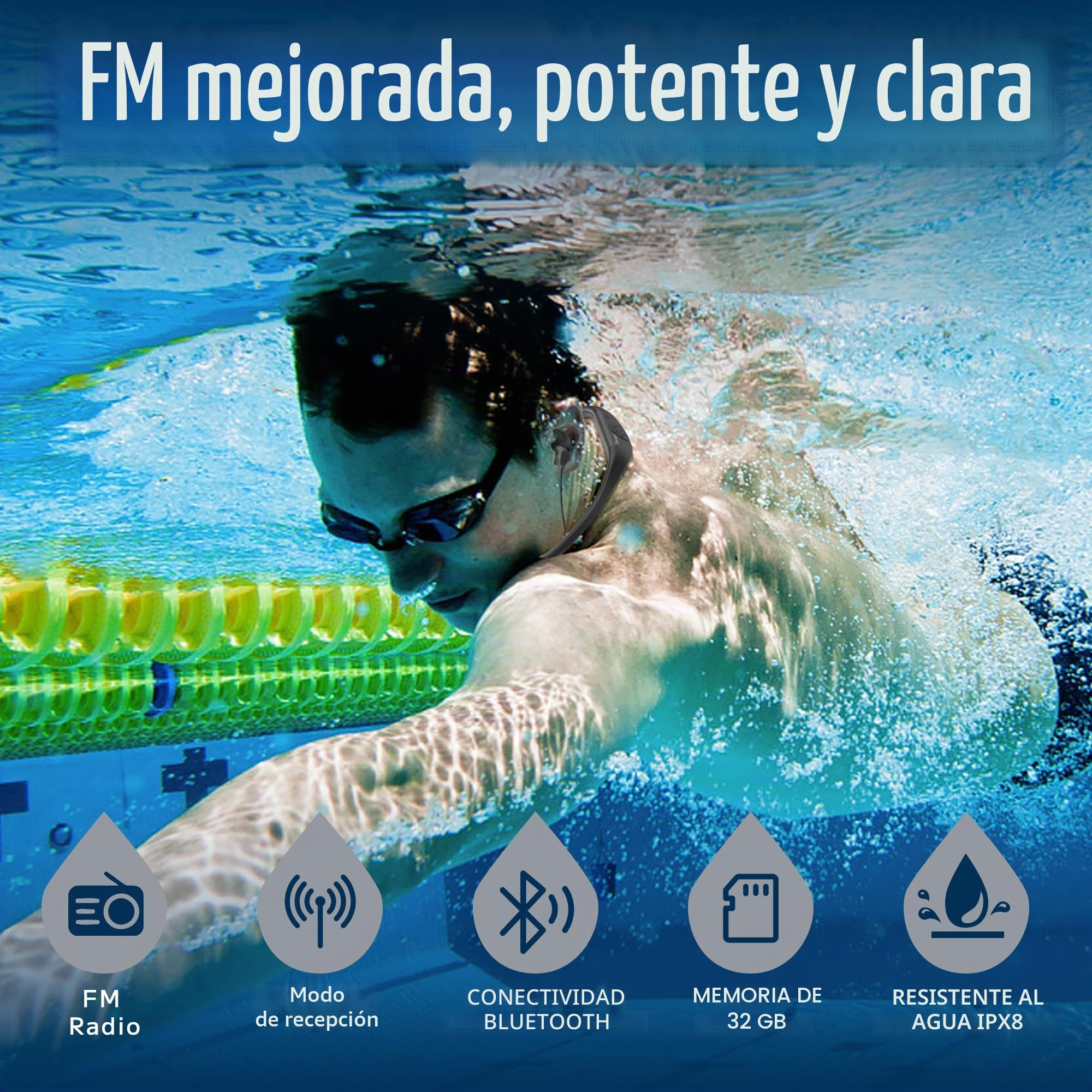 Tayogo W18 Auriculares de Natación – Auriculares Impermeables In-Ear, MP3 4 en 1 de 32GB, Bluetooth 5.4, Radio FM, Compatible con Transmisor T6 para Música Bajo el Agua (Negro)