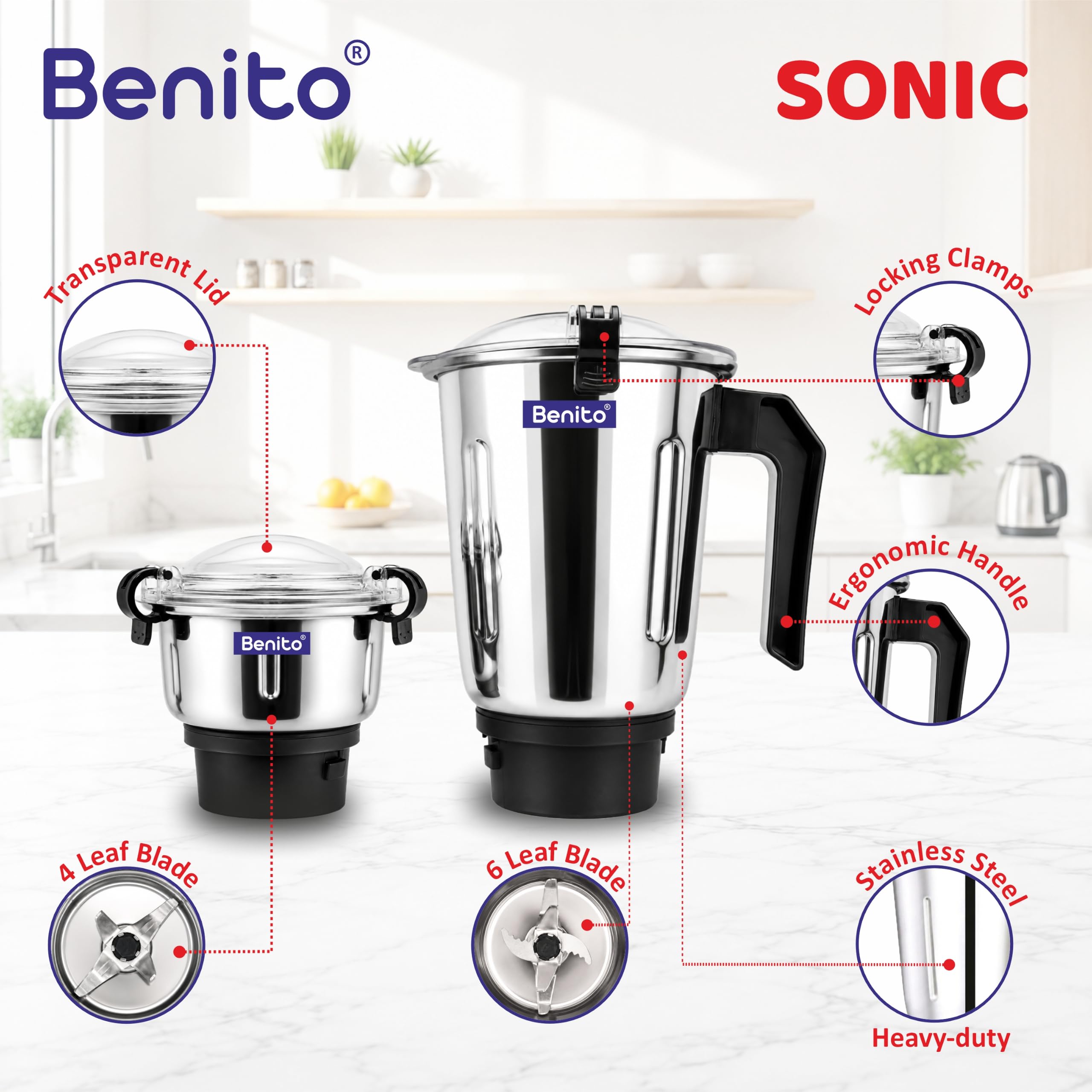Benito Sonic Stainless Steel Jar Set (500 & 1200ml) for Mixer Grinder – Compatible with 4-Teeth Coupler & Dual Locking System — Amazon image 3