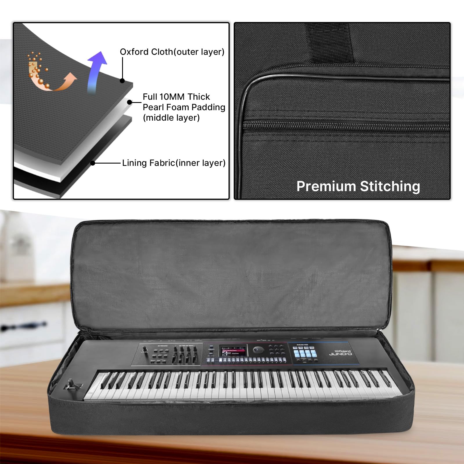 ORKELS Keyboard-Tasche mit 76 Tasten, 10 mm gepolstert, für E-Biano Keyboard, Gigbag Rucksack, mit großer Zubehörtasche (für 76 Tasten Keyboard)