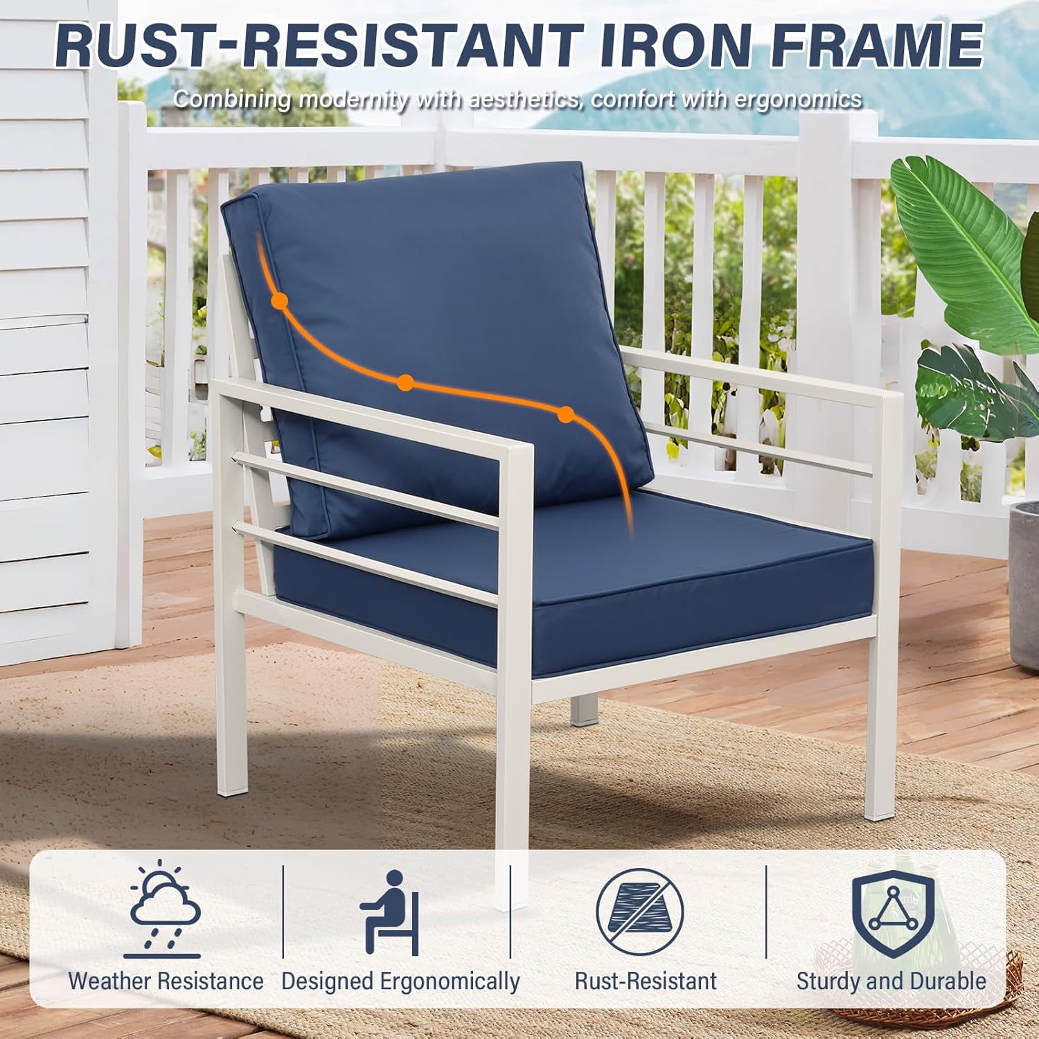 Patio Furniture Set 4 Pieces Outdoor Furniture White Metal Frame Patio Couch Outdoor Chairs Glass Coffee Table with No-Slip Cushions and Waterproof Covers, Navy Blue