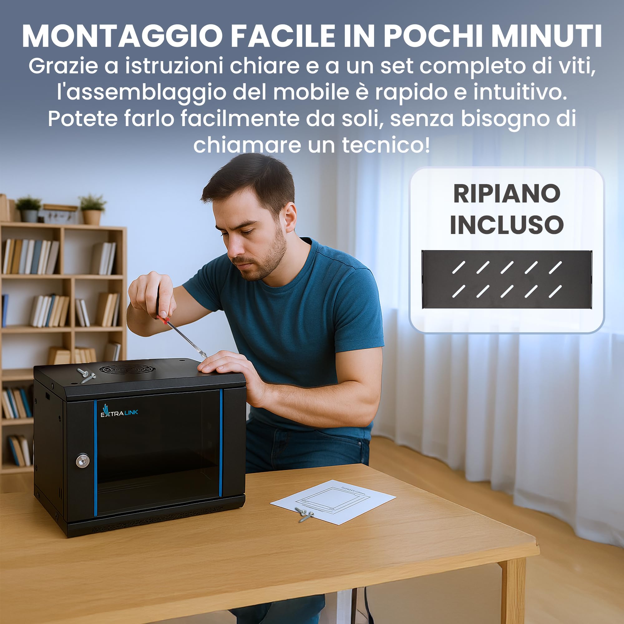 Armadio Rack 19 pollici 6U 400 mm 60 kg porta in vetro temperato nero