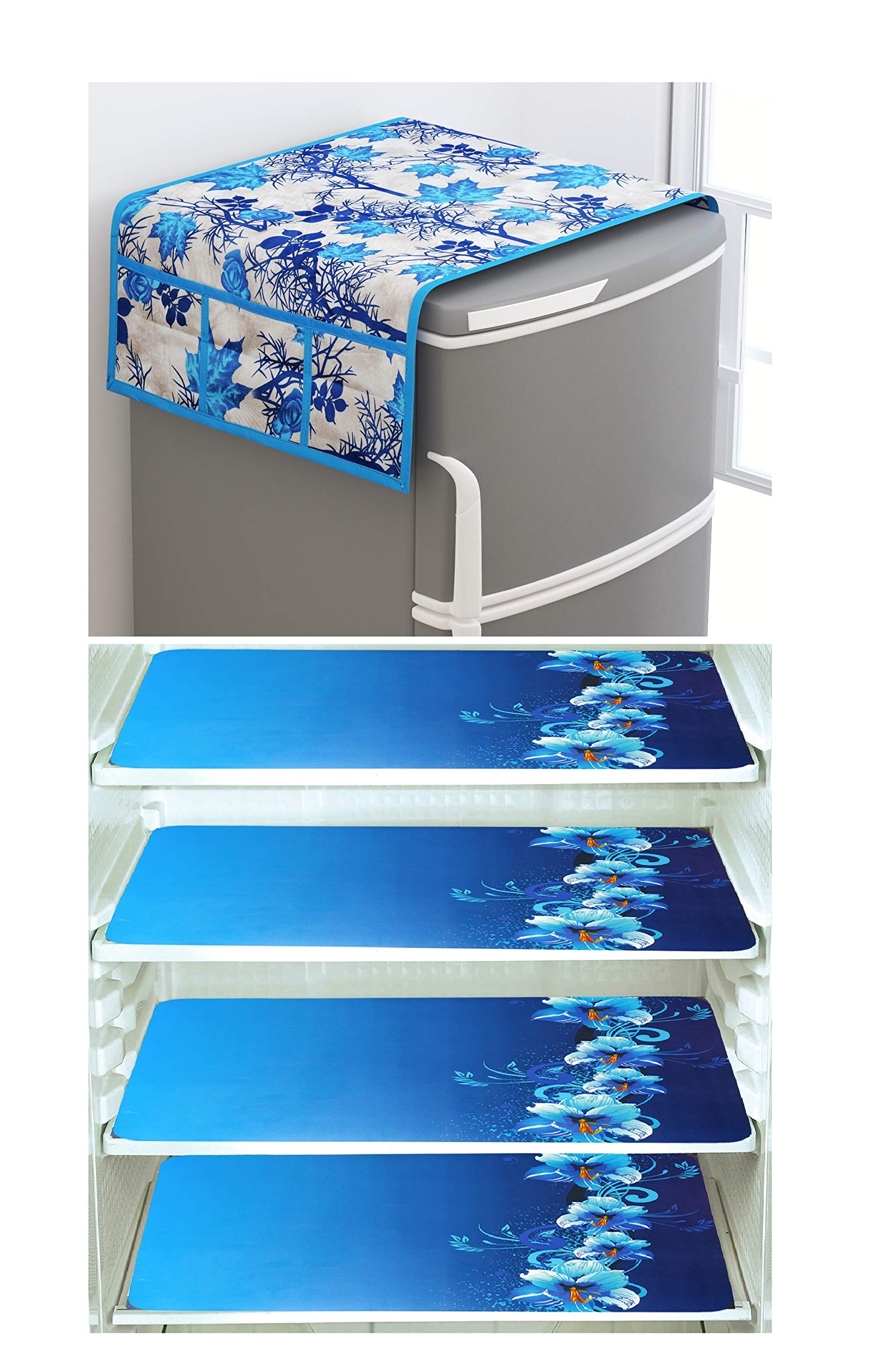FACTCORECombo of Decorative Kitchen Combo Fridge Top Cover(Sky Leaf), 4 Pcs Fridge Mats (Blue Printed), (Set of 5 Piece)