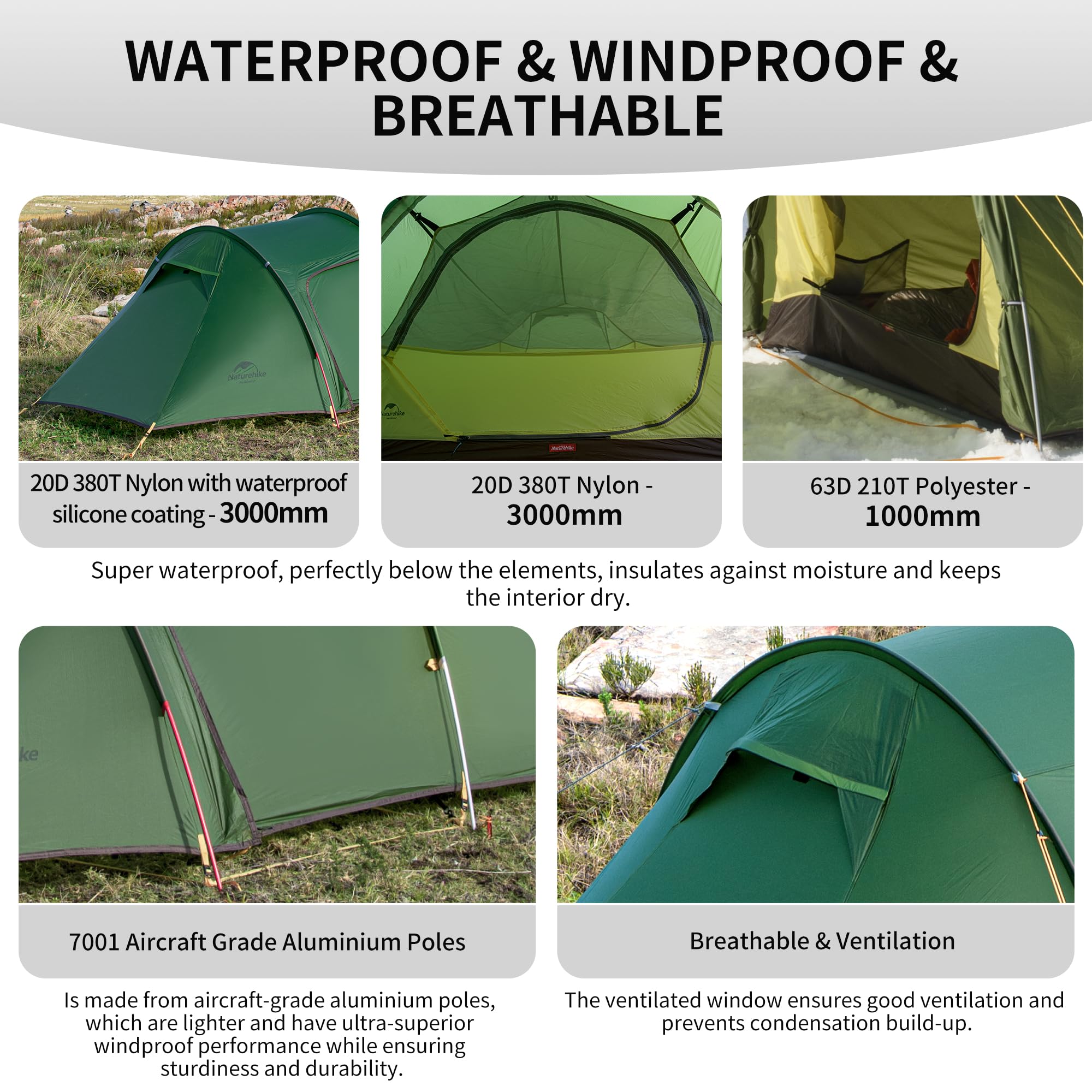 Tenda Da Campeggio Naturehike 2 Posti - Impermeabile PU3000mm, UPF50+, Peso 3.5 Kg, Pali In Lega Alluminio 7001
