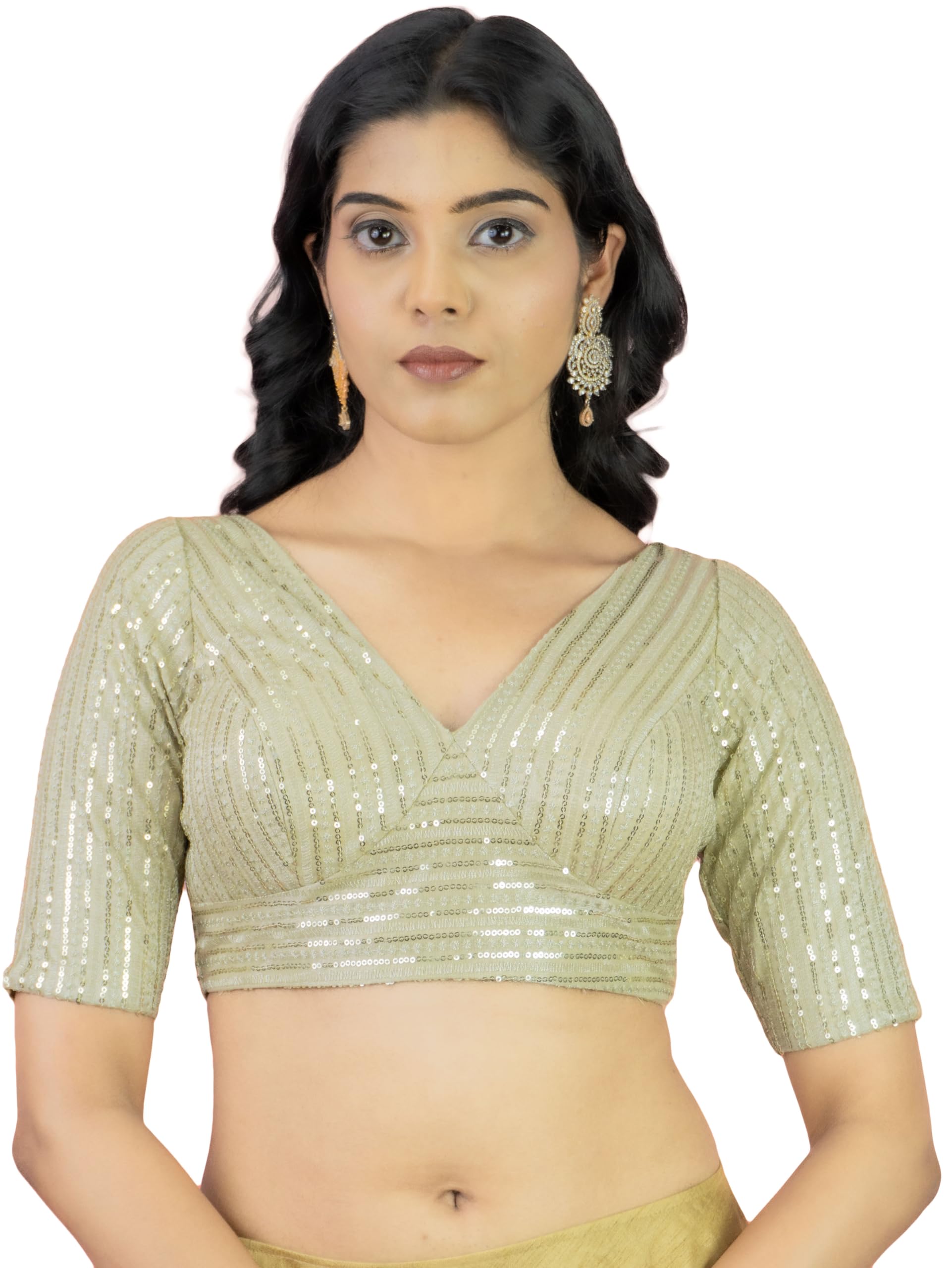 figure's designer Women's Sequin Embroidered V-Neck Sabyasachi Cut Elbow Sleeves Readymade Saree Blouse E35-picture-33