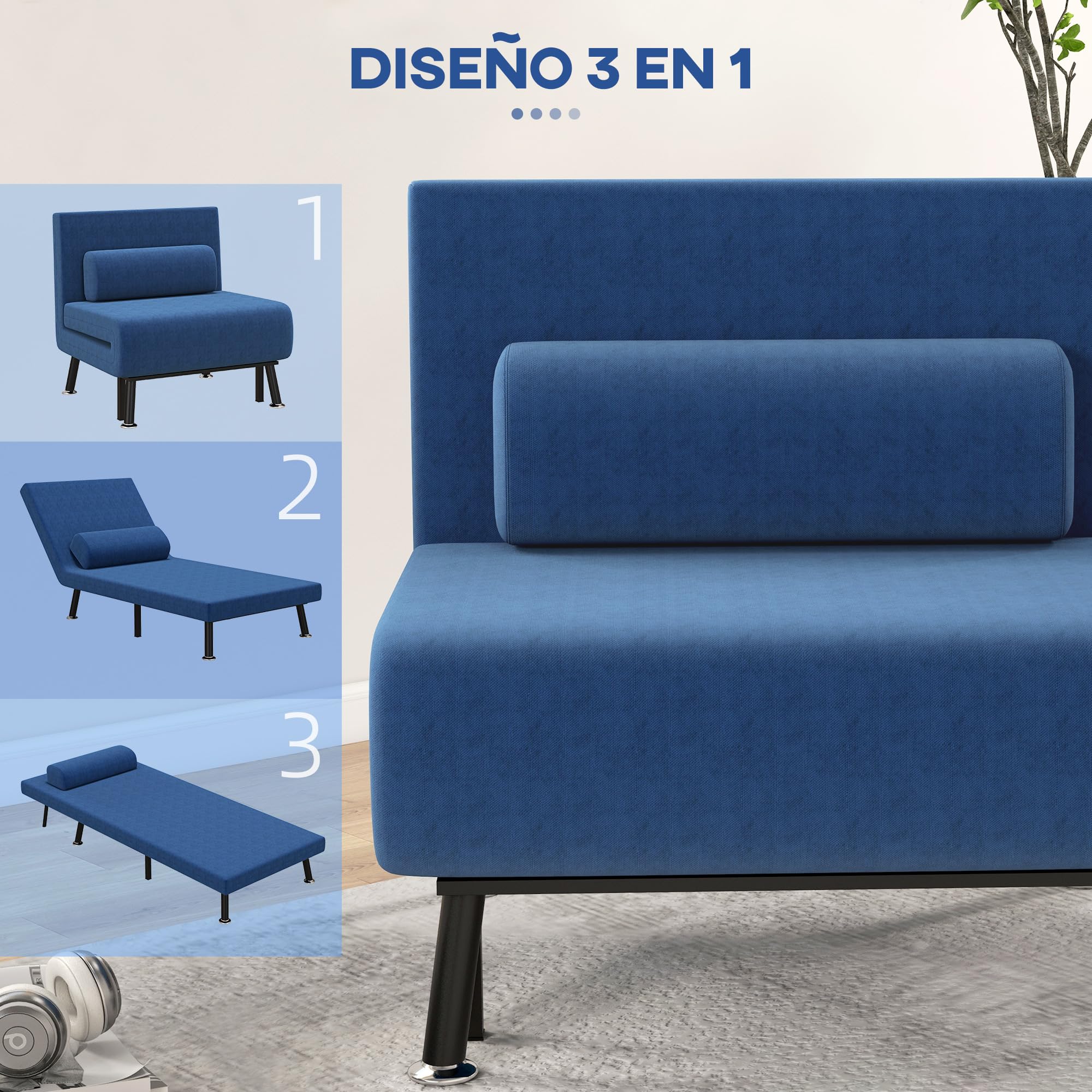 HOMCOM Sofá Cama de 1 Plaza 3 en 1 Sofá Cama Plegable Tapizado en Lino con Respaldo Ajustable de 5 Niveles y Almohada Acolchada para Oficina Dormitorio Salón 75x70x75 cm Azul Oscuro