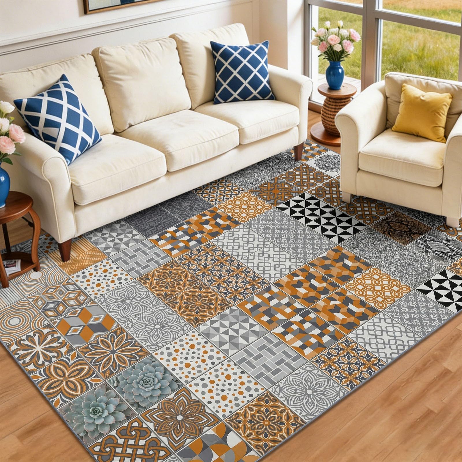 Tapis à poils ras de salon 100 x 150 cm, Antique Brun Lavable en Machine Carreaux De Céramique Géométriques Floraux Mailles Imprimé moquette, Pare-humidité Antidérapante Doux Tapis pour Salle à manger