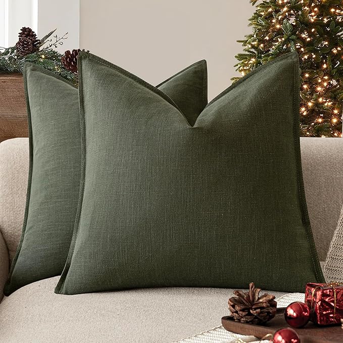 Foindtower Pack of 2, Decorative Linen Solid Throw Pillow Covers Soft Accent Cushion Case Farmhouse Neutral Pillowcase for Chair Couch Sofa Bedroom Living Room Home Decor 16x16 Inch Olive Branch Green