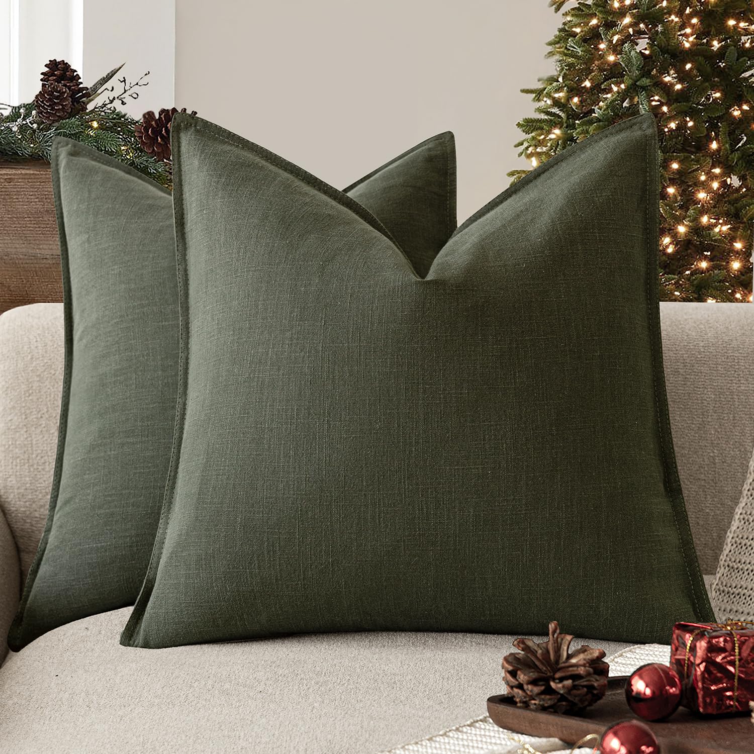 Foindtower Pack of 2, Decorative Linen Solid Throw Pillow Covers Soft Accent Cushion Case Farmhouse Neutral Pillowcase for Chair Couch Sofa Bedroom Living Room Home Decor 18 x 18 Inch Dark Olive Green