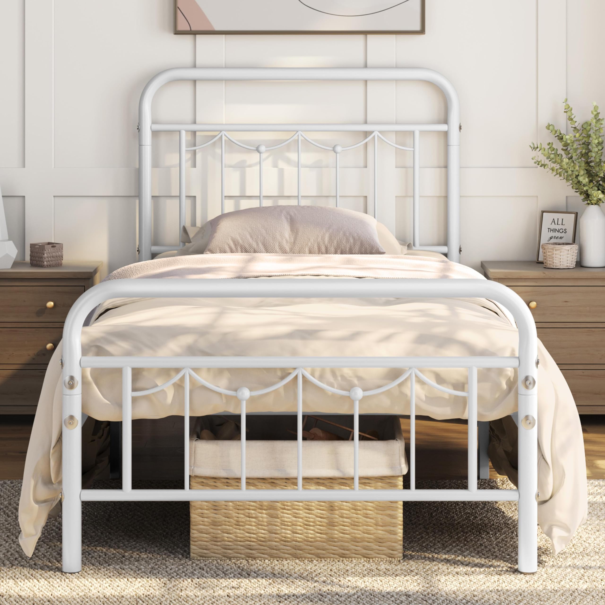 Yaheetech Twin Size Metal Bed Frames with Vintage Headboard and Footboard, Farmhouse Metal Platform Bed, Heavy Duty Steel Slat Support, Ample