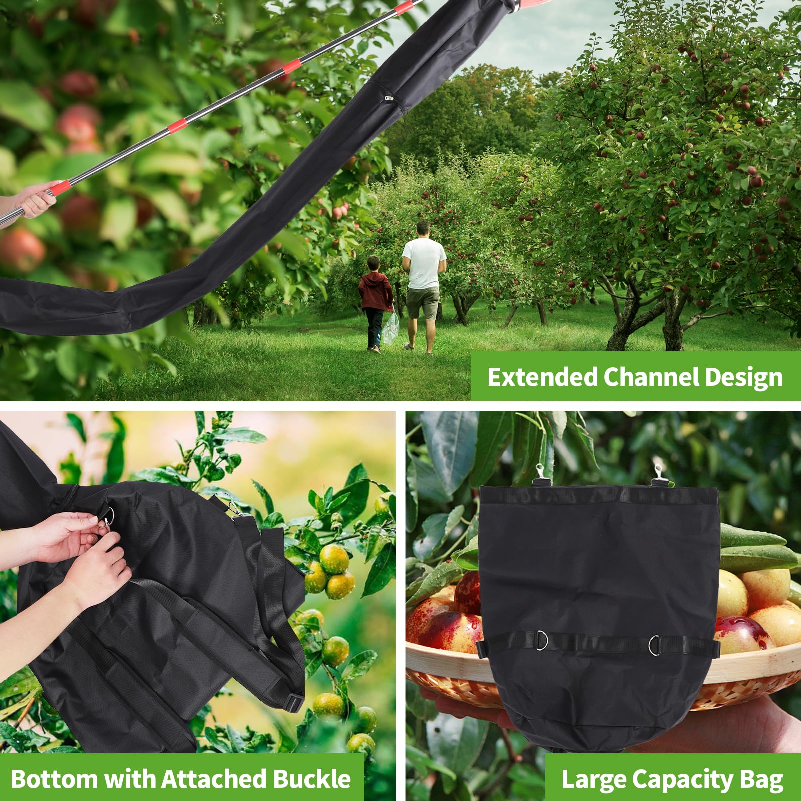 Wakects Recolector de Frutas con Mango Telescópico, Recogedor de Manzanas con Bolsa Embudo, para Cosechar Manzanas, Cítricos, Peras, Cerezas