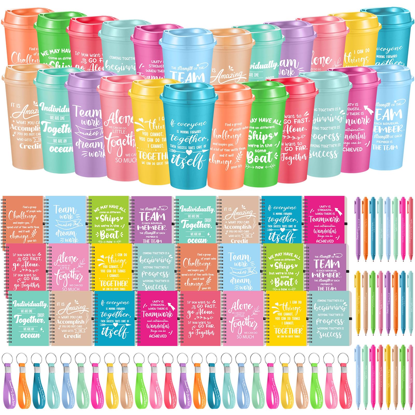 Skylety 24 Set/96 Pcs Team Appreciation Gift Set Inspirational Employee Appreciation Gift Bulk 16 oz Coffee Cups with Team Notebook Pen Keychains for Staff Teacher (Soft Color)
