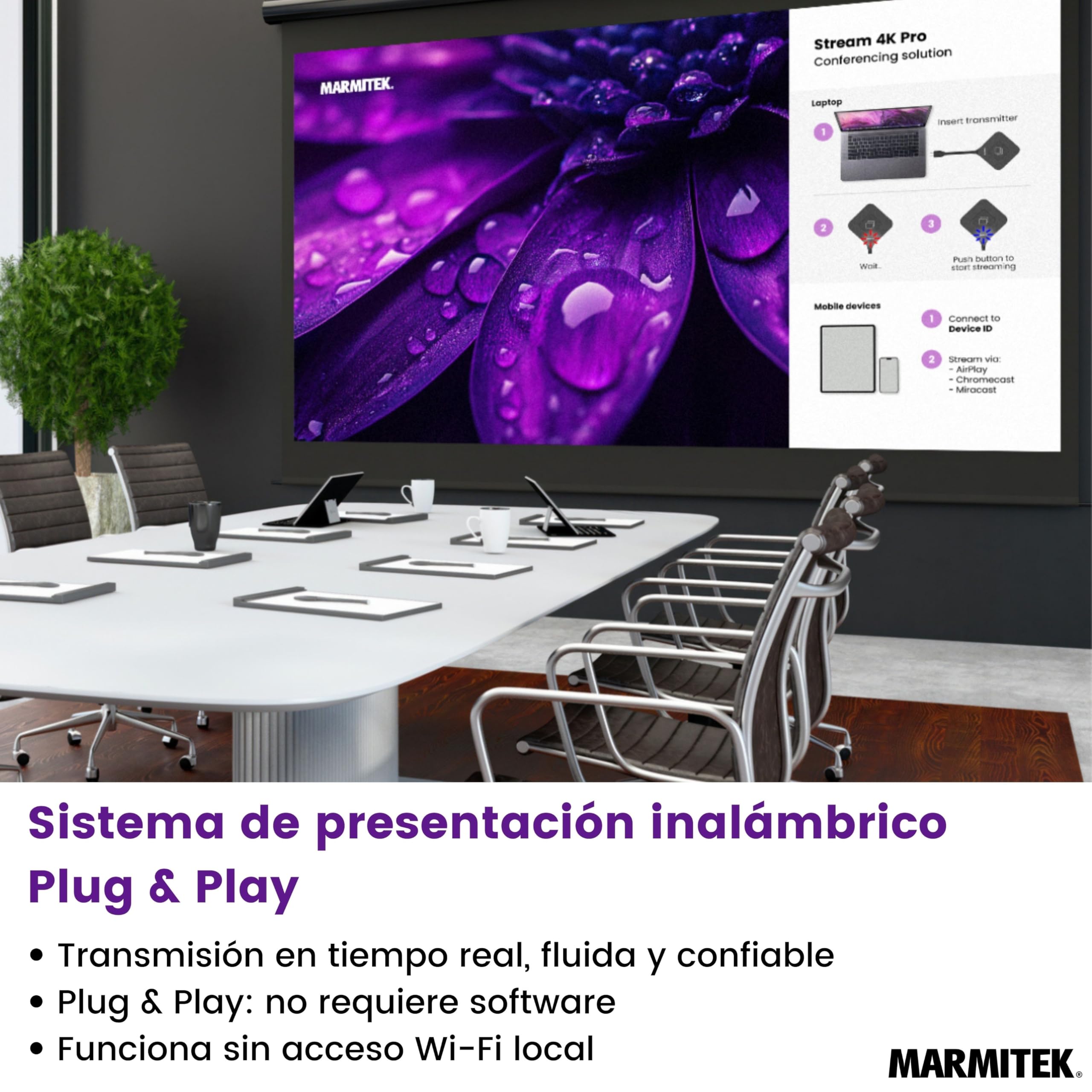 Marmitek Stream 4K Pro Kit 2TX/1RX - Sistema presentación 4K inalámbrico | Presente sin software ni Wi-Fi con 2 dongle USB-C y receptor, pantalla dividida, touchback, PoE, doble HDMI y BYOD mirroring