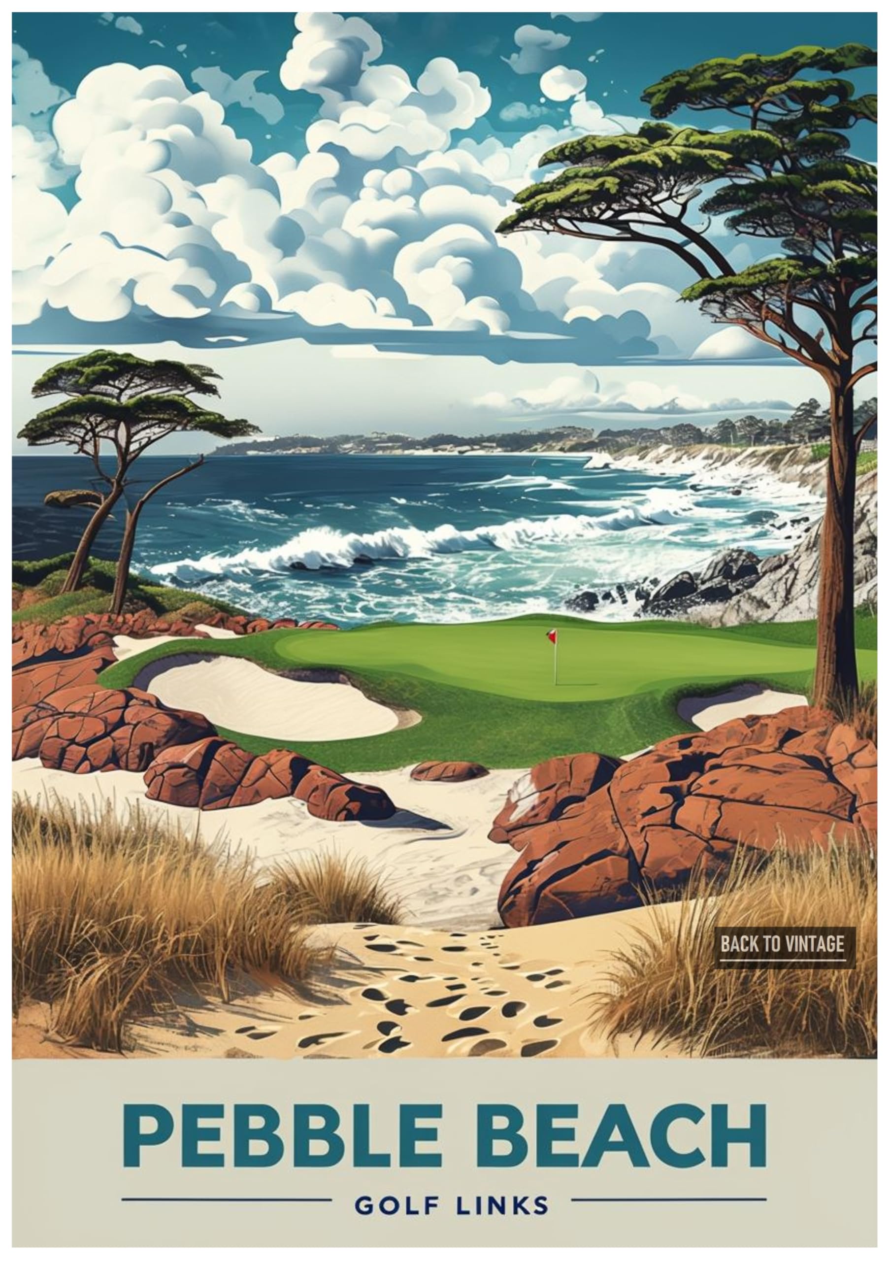 PEBBLE BEACH - A4 Vintage Golf Print Poster Retro Wall Decor for Home Office or Bar Great Gift for Golf Enthusiasts Sports Art Unframed Design