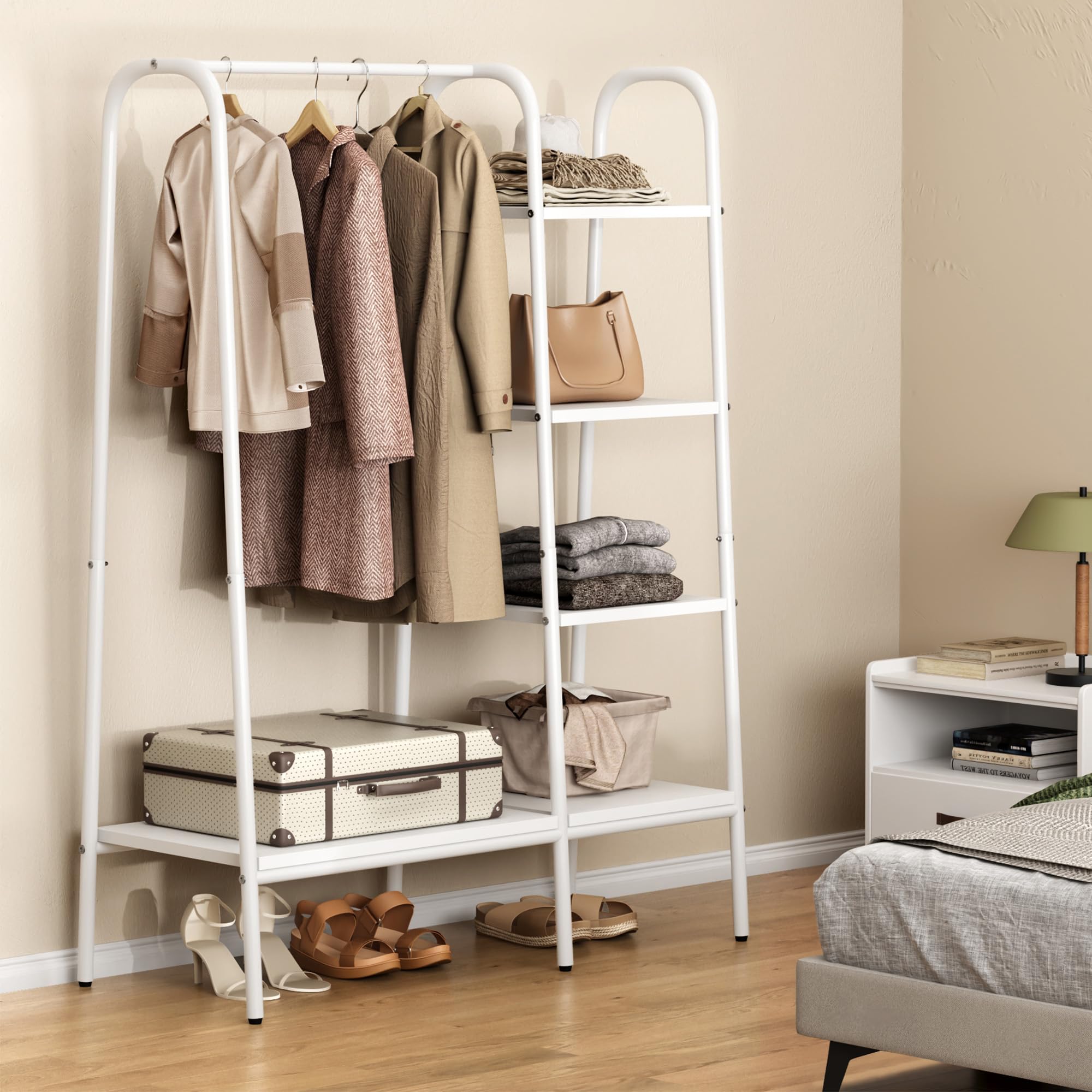 sogesfurniture Appendiabiti da terra con 4 ripiani in legno e metallo, 100 x 40 x 150 cm, colore bianco