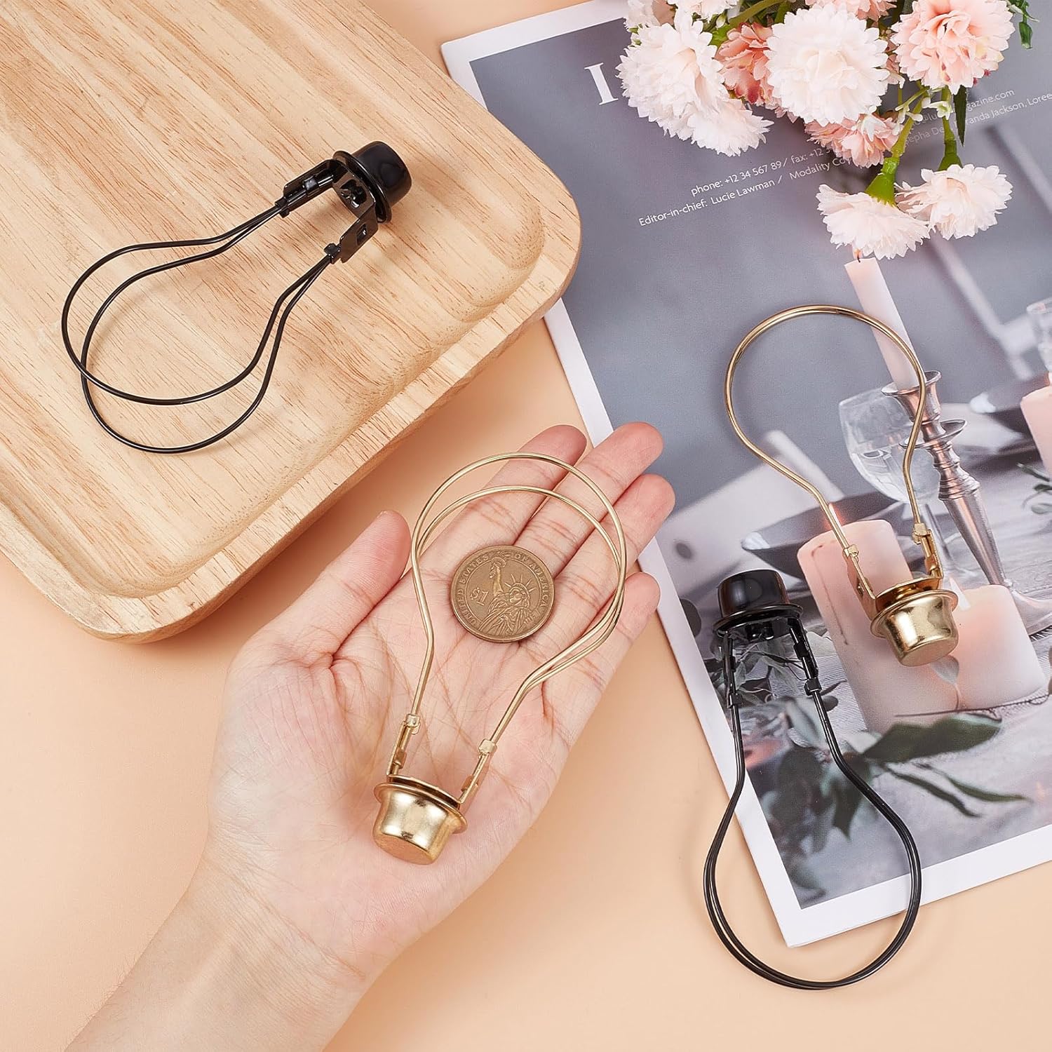GORGECRAFT 4Pcs Lamp Shade Holder Light Bulb Clip Adapter Black Golden Lamp Shade Harp Holder Adapter Kit with Shade Attaching Finials and Lampshades Leveller Spring Clip for Light Bulb DIY Lighting
